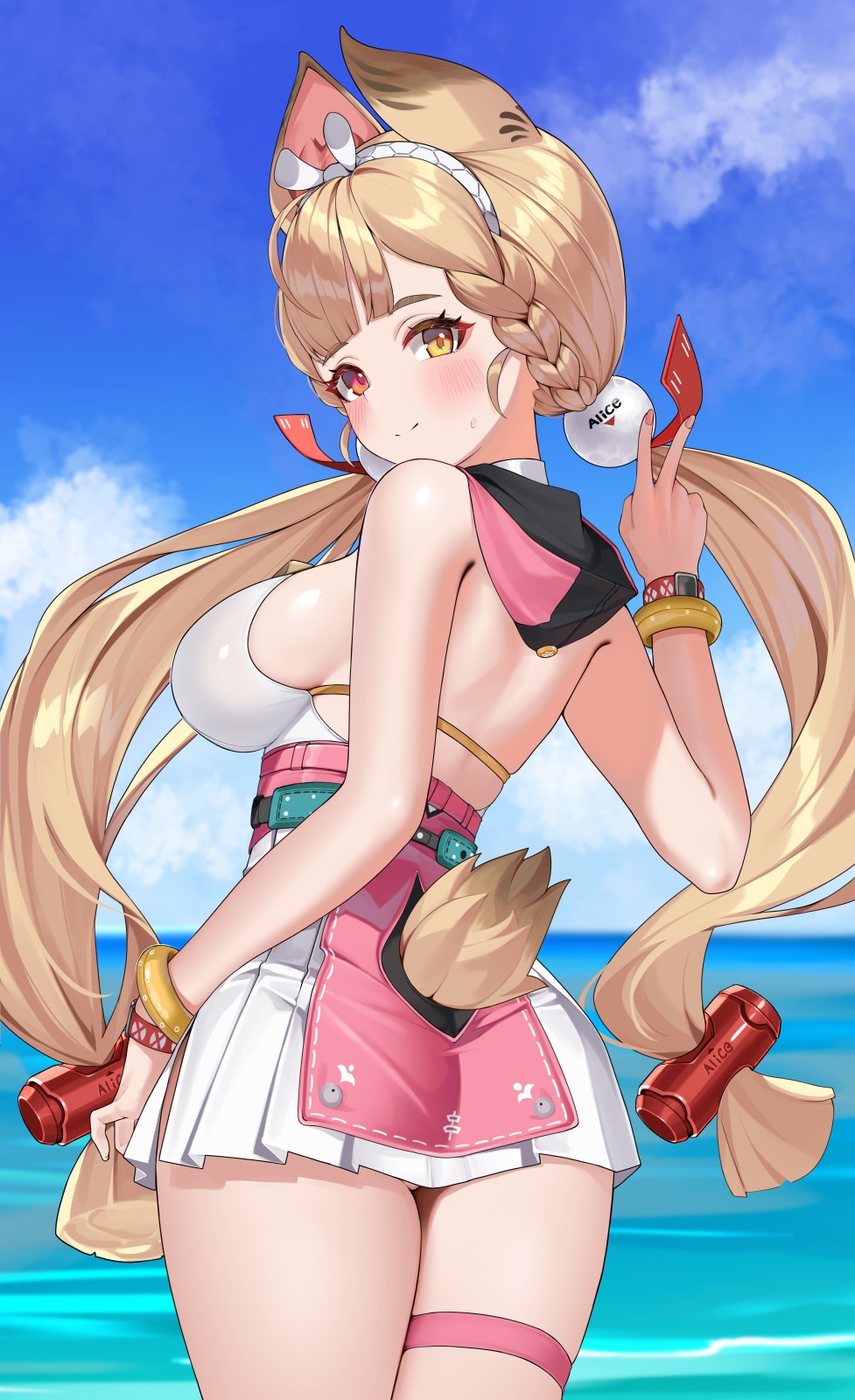 matrix16, alice thymefield, alice thymefield (sea of thyme), zenless zone zero, commentary request, highres, 1girl, animal ears, ass, blonde hair, blue sky, braid, breasts, cloud, day, fingernails, heterochromia, large breasts, long hair, looking at viewer, looking back, low twintails, ocean, official alternate costume, outdoors, rabbit ears, rabbit tail, red eyes, sideboob, sky, solo, swimsuit, tail, thigh strap, thighs, twintails, v, yellow eyes