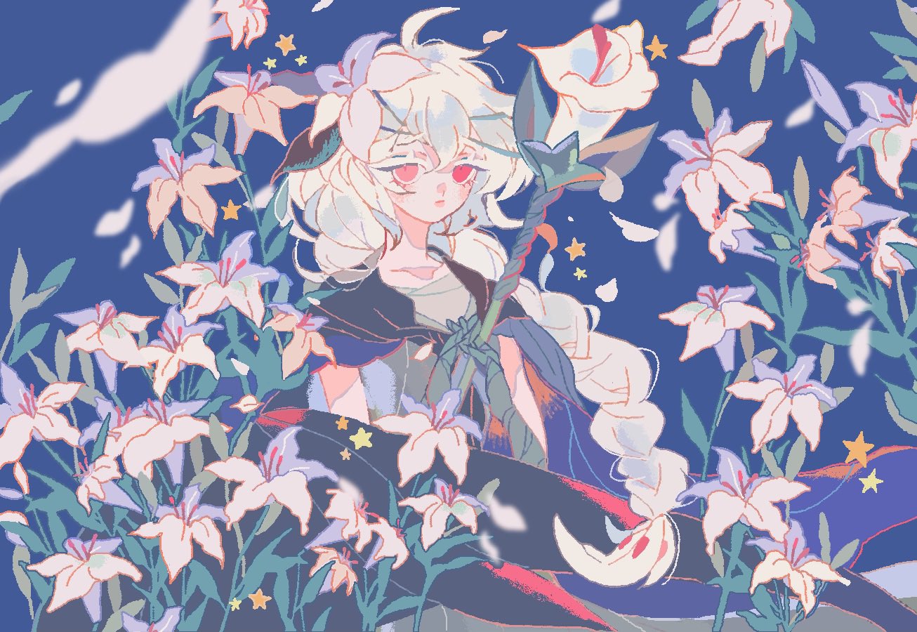 reed, white lily cookie, cookie run, cookie run: kingdom, white lily, chinese commentary, commentary request, 1girl, ahoge, bandaged arm, bandages, black cape, blue background, blurry, braid, braided ponytail, cape, closed mouth, colored eyelashes, dress, flower, green dress, hair flower, hair ornament, hands up, holding, holding staff, humanization, interlocked fingers, long hair, raised inner eyebrows, red eyes, simple background, single braid, sleeveless, sleeveless dress, solo, staff, star (symbol), upper body, very long hair, white eyelashes, white flower, white hair, white petals