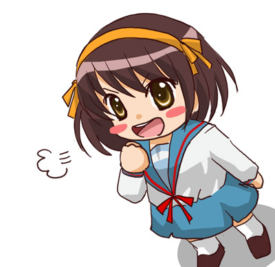 sinko (sinsin), suzumiya haruhi, suzumiya haruhi no yuuutsu, lowres, tagme, 00s, 1girl, chibi, female focus, school uniform, serafuku, simple background, solo, white background