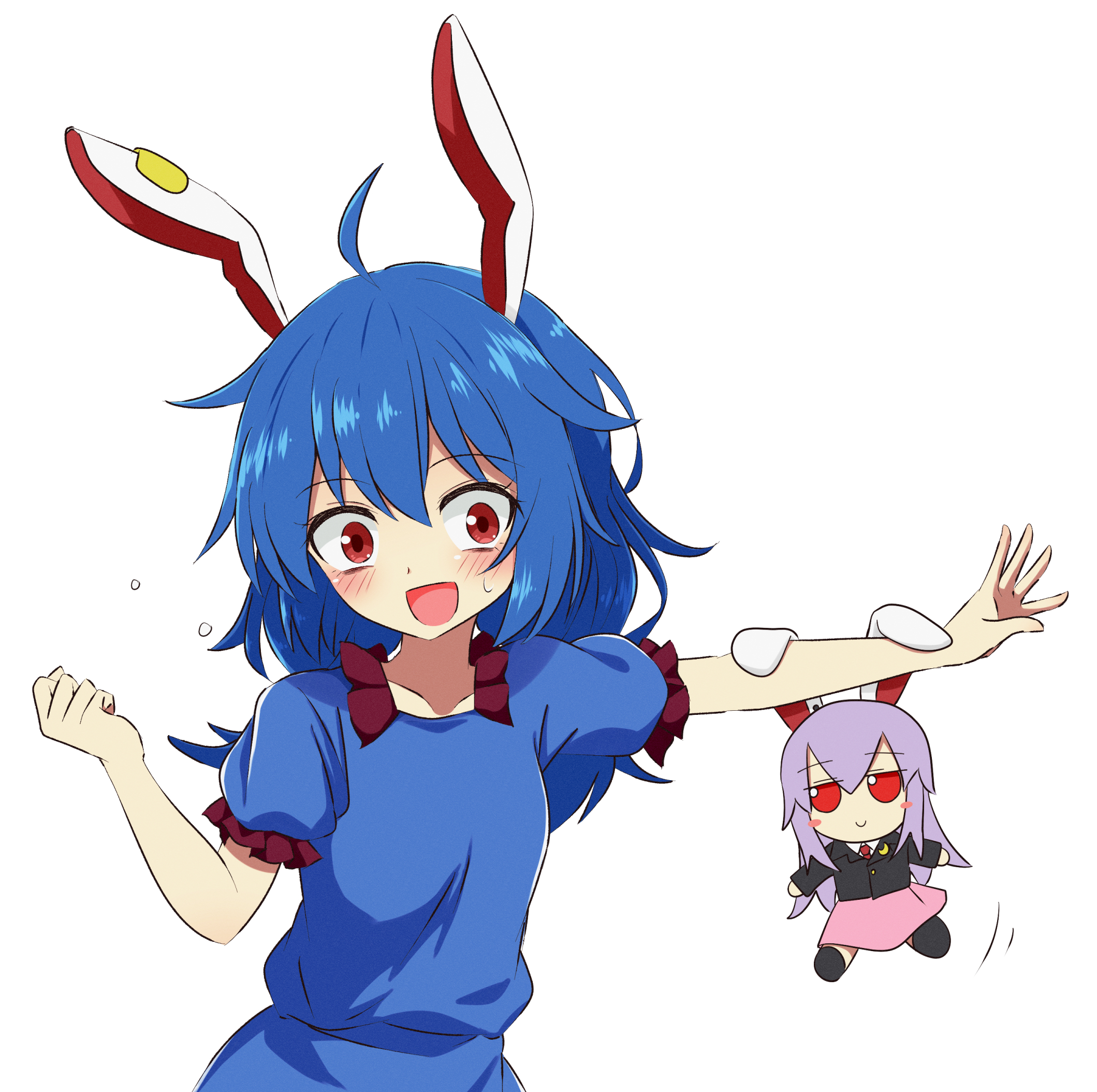 tsuukinkaisoku oomiya, reisen udongein inaba, seiran (touhou), touhou, commentary request, highres, 1girl, animal ears, blue dress, blue hair, blush, character doll, doll, dress, earclip, fumo (doll), long hair, looking at viewer, open mouth, puffy short sleeves, puffy sleeves, rabbit ears, rabbit girl, red eyes, short sleeves, simple background, smile, solo, sweatdrop, white background