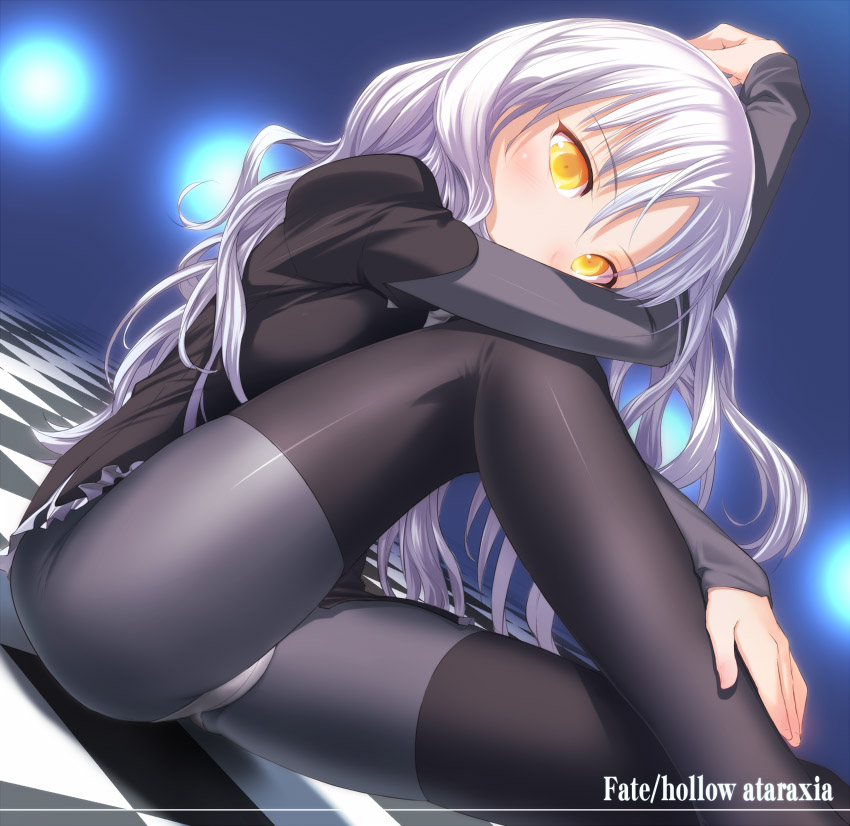 uni (plastic girl), caren hortensia, fate/hollow ataraxia, fate/stay night, fate (series), light purple hair, 00s, 1girl, ass, black bodysuit, bodysuit, checkered floor, dutch angle, female focus, floor, layered sleeves, legs, long hair, panties, pantyhose, perspective, solo, thighhighs, thighs, underwear, white hair, yellow eyes