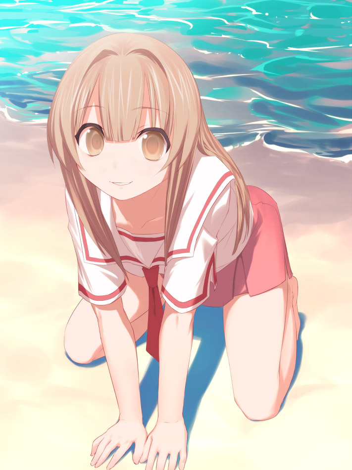 uni (plastic girl), seto sun, seto no hanayome, 00s, 1girl, barefoot, beach, brown eyes, brown hair, day, female focus, kneeling, long hair, school uniform, serafuku, smile, solo