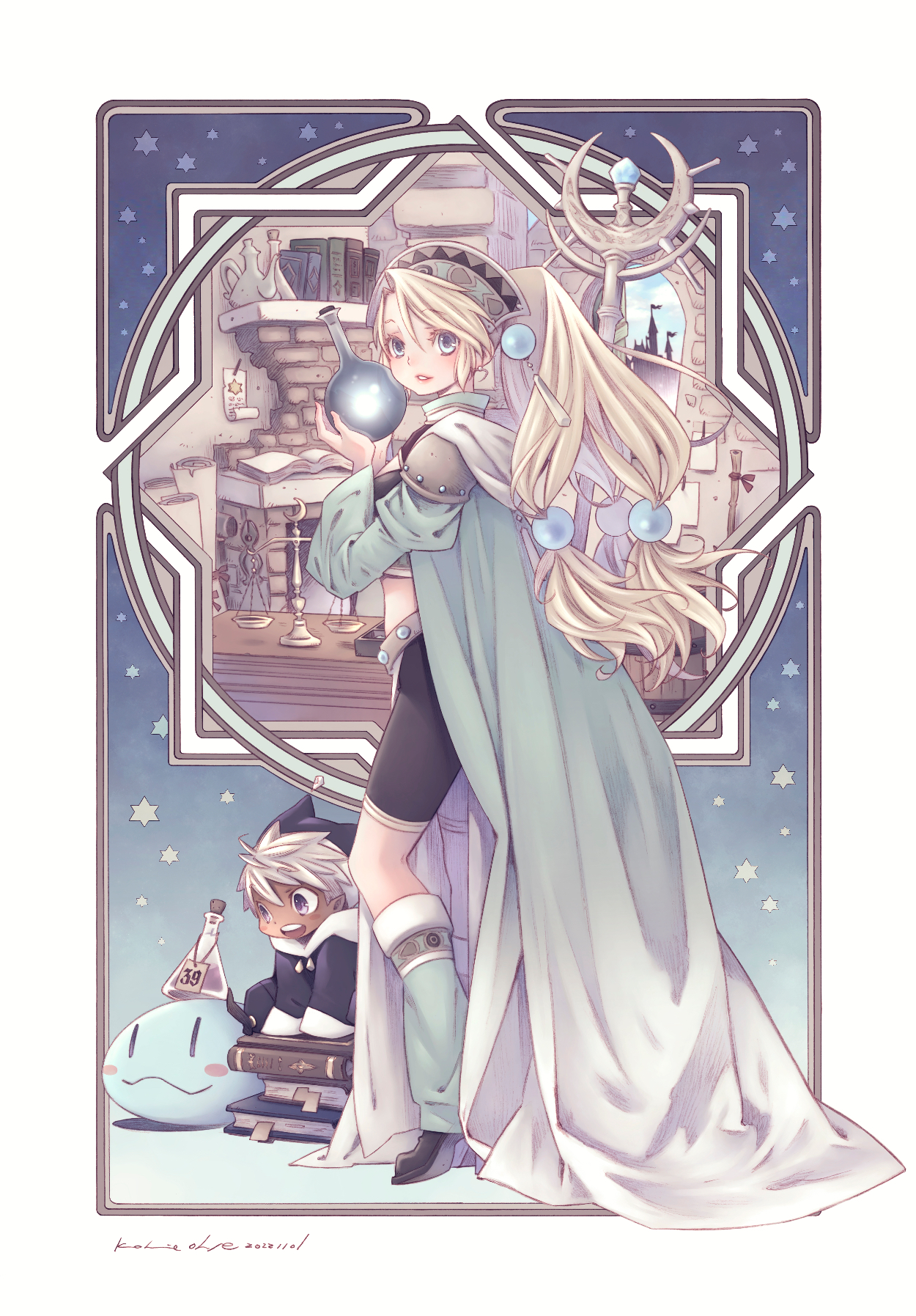 ohse kohime, fairy (atelier), marlone, atelier (series), atelier marie, highres, official art, 1boy, 1girl, alchemy, book, boots, castle, crop top, dated, full body, knee boots, long hair, looking at viewer, low-tied long hair, midriff, open mouth, smile, sphere hair ornament, star (symbol), window