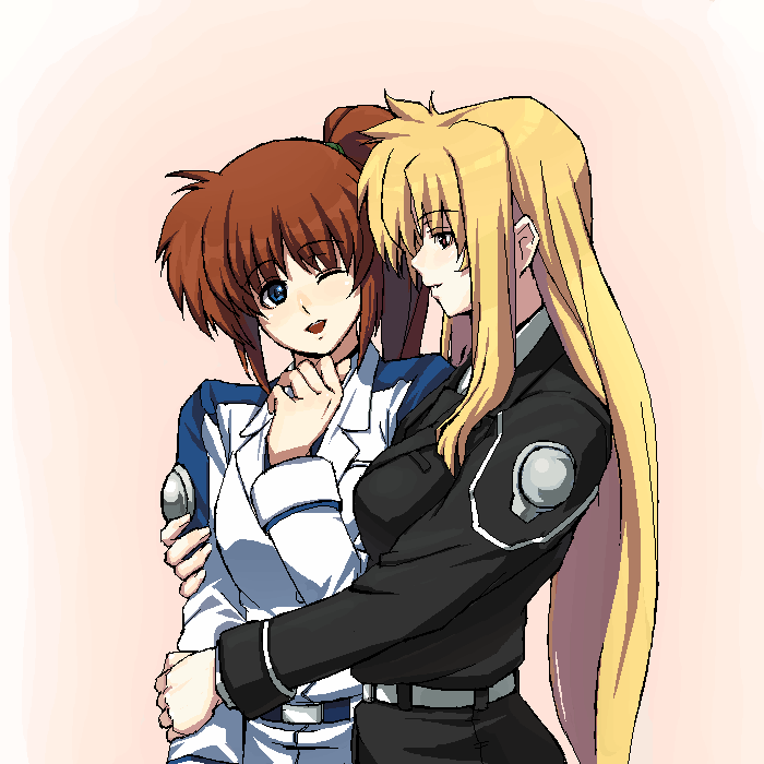fate testarossa, takamachi nanoha, lyrical nanoha, mahou shoujo lyrical nanoha, 00s, 2girls, blonde hair, blue eyes, blush, hug, long hair, multiple girls, open mouth, ponytail, red hair, yellow eyes