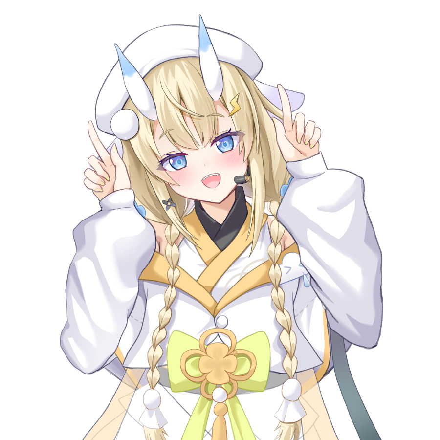 yasutarou, kadou mikaru, nijisanji, 1girl, :d, bare shoulders, blonde hair, blue eyes, blue horns, blush, braid, coat, coat partially removed, cowboy shot, flower knot, hair ornament, hair over breasts, hair over shoulder, hands up, hat, head tilt, headset, horns, index fingers raised, japanese clothes, kimono, layered sleeves, lightning bolt, lightning bolt hair ornament, lightning bolt symbol, long sleeves, looking at viewer, low twin braids, multicolored horns, open mouth, pom pom (clothes), pom pom hair ornament, puffy long sleeves, puffy sleeves, ribbon, see-through clothes, short over long sleeves, short sleeves, sidelocks, smile, solo, standing, teruterubouzu, transparent background, twin braids, two-tone horns, virtual youtuber, white coat, white hat, white horns, white kimono, x hair ornament, yellow ribbon, yellow trim