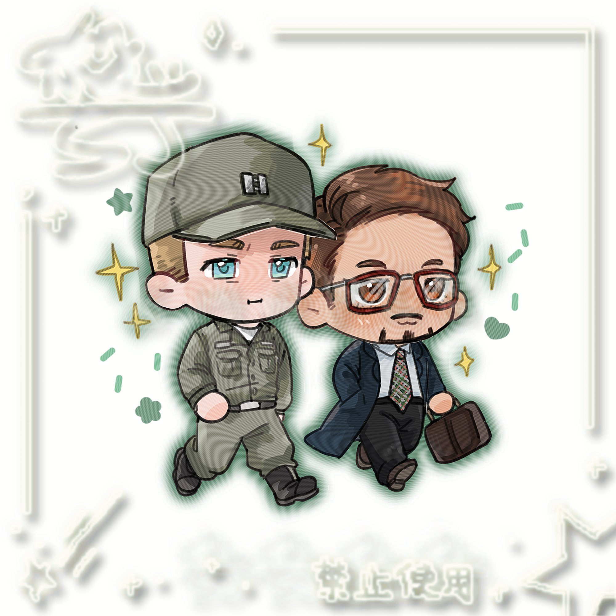 steve rogers, tony stark, avengers: endgame, avengers (series), marvel, marvel cinematic universe, commission, highres, 2boys, baggy pants, belt, black belt, black boots, black pants, black shoes, blonde hair, blue eyes, blue jacket, boots, breast pocket, brown eyes, brown hair, chibi, chibi only, closed mouth, collared shirt, facial hair, formal clothes, full body, glasses, green hat, green jacket, green necktie, green pants, half-closed eyes, hand in pocket, hat, holding, holding suitcase, jacket, lapels, long sleeves, male focus, military hat, military jacket, military uniform, multiple boys, necktie, open clothes, open jacket, pants, plaid clothes, plaid necktie, pocket, red-framed eyewear, shajiang144584, shirt, shoes, short hair, simple background, smile, sparkle, suitcase, visor cap, walking, watermark, white background, white shirt