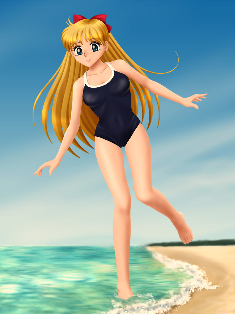 aino minako, bishoujo senshi sailor moon, 1990s (style), 1girl, beach, female focus, retro artstyle, solo, swimsuit