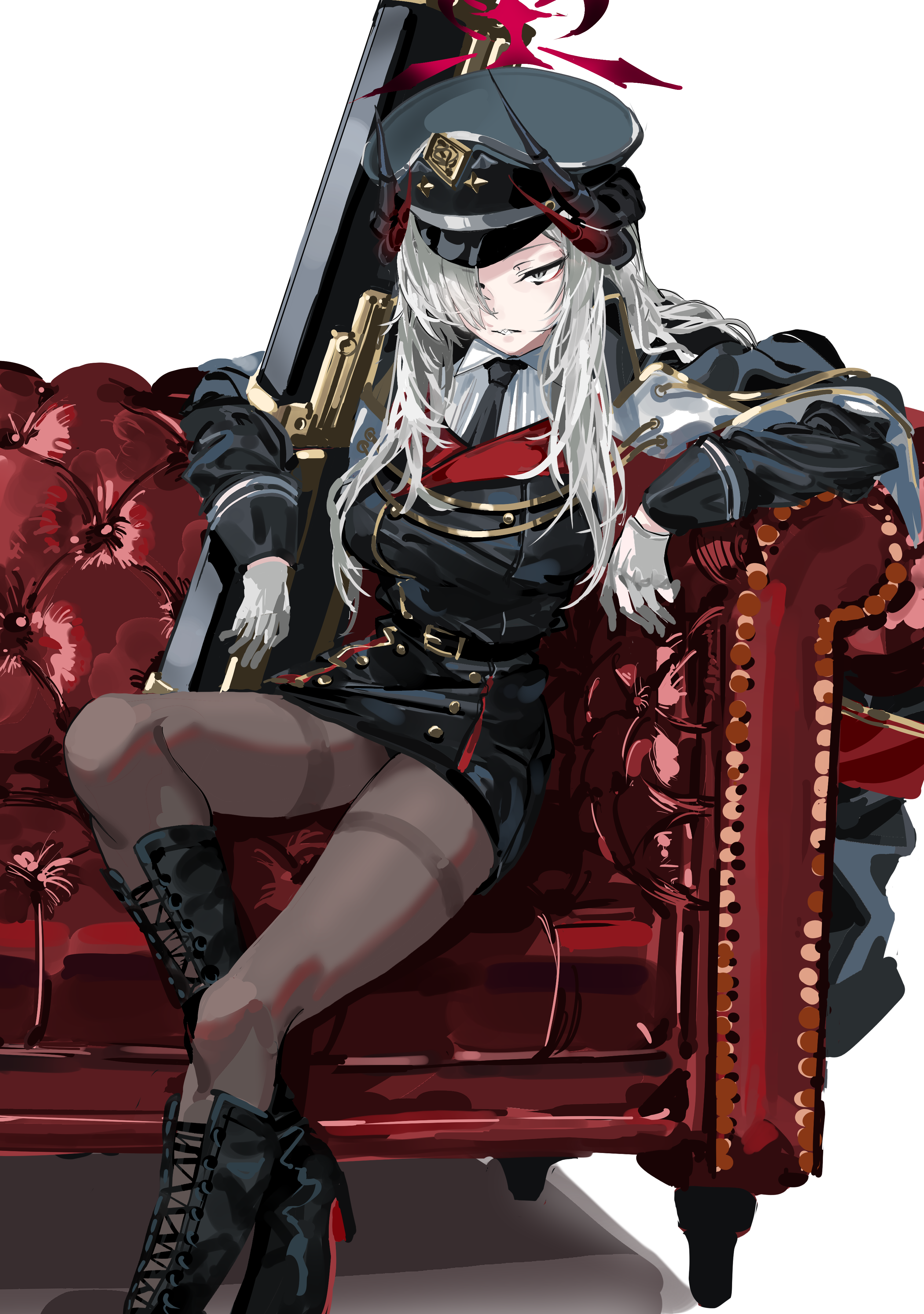 kazukingu, makoto (blue archive), blue archive, walther, absurdres, highres, 1girl, black boots, black jacket, black necktie, black pantyhose, black skirt, blue eyes, boots, bullpup, couch, demon girl, demon horns, grey hair, gun, hair over one eye, halo, hat, horns, jacket, knee boots, long hair, looking at viewer, necktie, on couch, pantyhose, parted lips, peaked cap, red halo, rifle, sharp teeth, shirt, sitting, skirt, sniper rifle, solo, teeth, thighband pantyhose, walther wa 2000, weapon, white shirt
