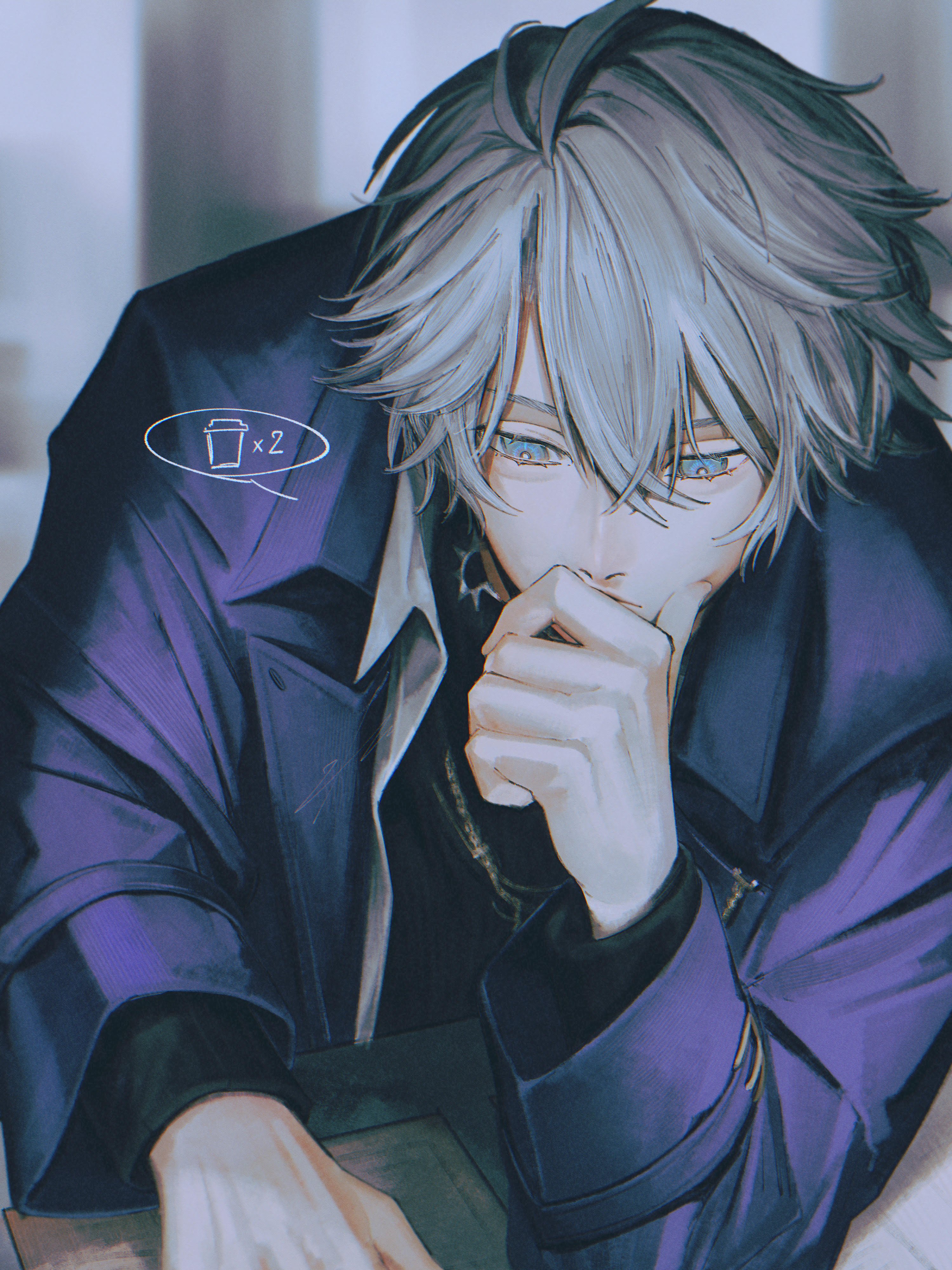 ieririr, phainon (honkai: star rail), honkai: star rail, honkai (series), absurdres, highres, 1boy, antenna hair, black sweater, blue coat, blue eyes, coat, crossed bangs, grey hair, hair between eyes, jewelry, looking down, male focus, necklace, official alternate costume, open clothes, open coat, open shirt, parted bangs, phainon (luckin coffee) (honkai: star rail), shirt, short hair, sitting, solo, sweater, thinking, turtleneck, turtleneck sweater, white shirt, yellow pupils