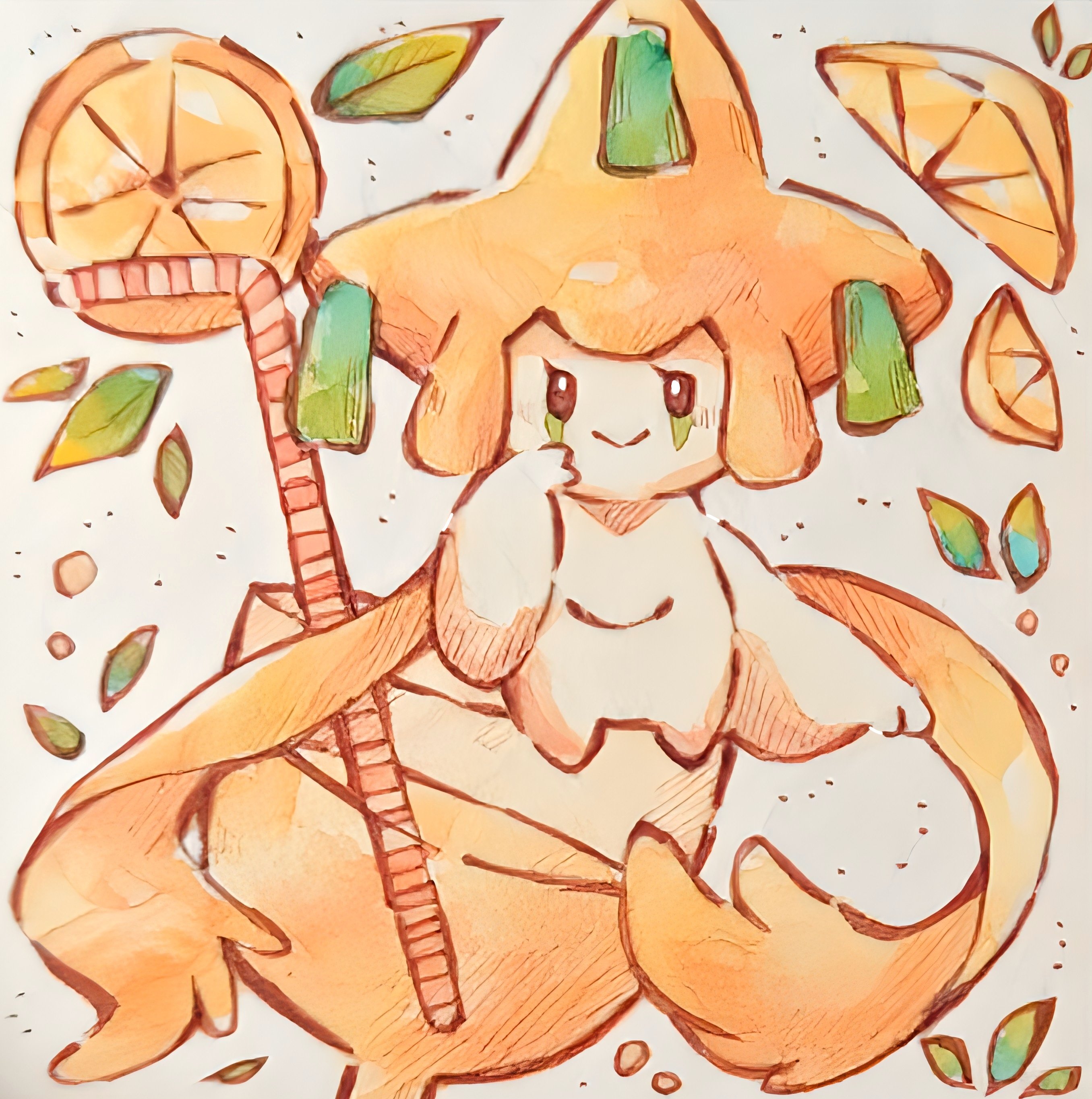 rai (rai kw), jirachi, nintendo, pokemon, absurdres, highres, closed mouth, colored skin, drinking straw, food, fruit, full body, gen 3 pokemon, legendary pokemon, lemon, lemon slice, looking at viewer, mythical pokemon, no humans, pokemon (creature), pokemon focus, smile, solo, tanzaku, white skin