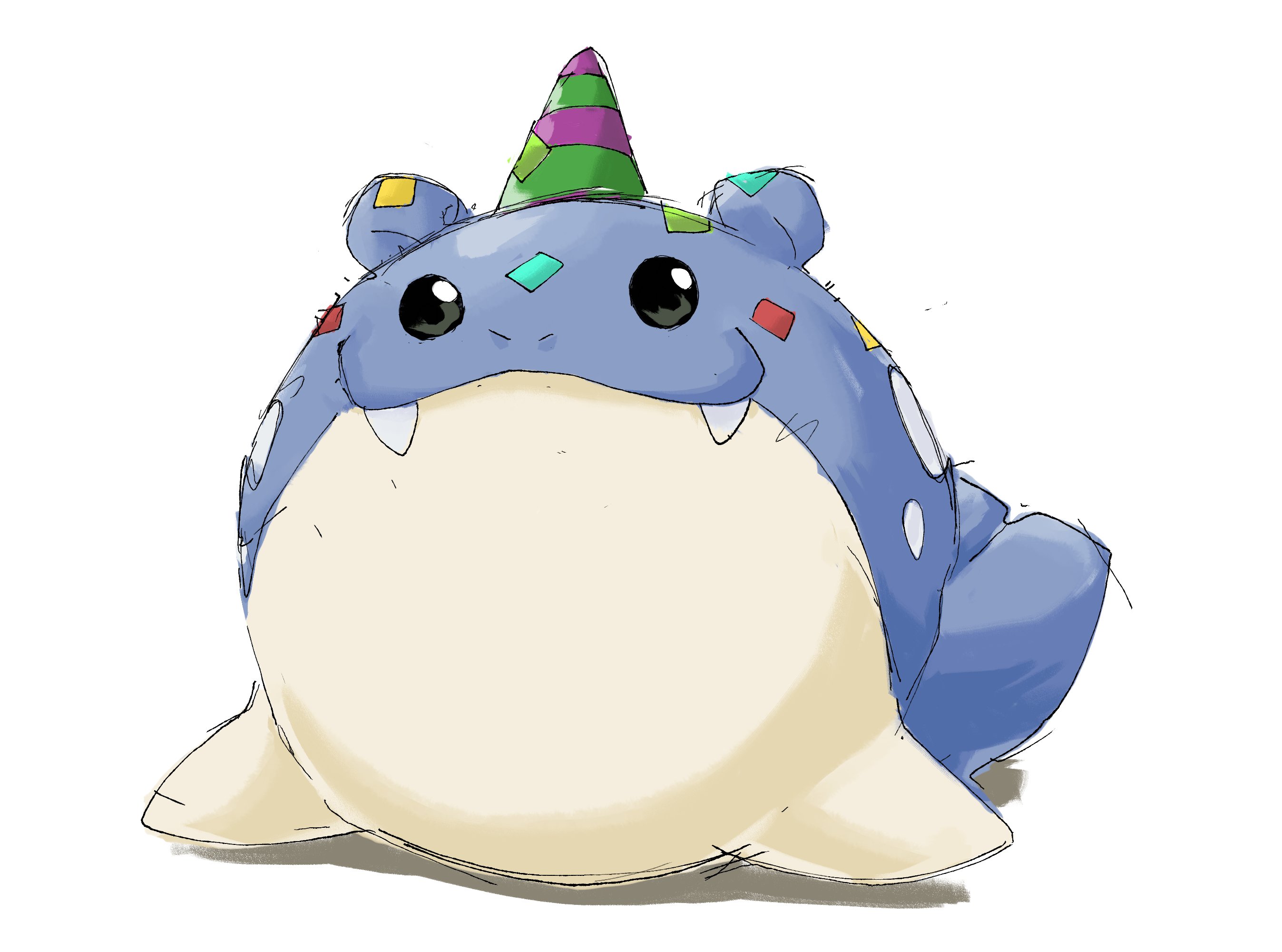 pr quote, spheal, nintendo, pokemon, commentary, english commentary, highres, :3, black eyes, closed mouth, confetti, fangs, full body, gen 3 pokemon, green hat, hat, looking at viewer, no humans, nostrils, party hat, pokemon (creature), pokemon focus, purple hat, seal (animal), smile, solo, white background