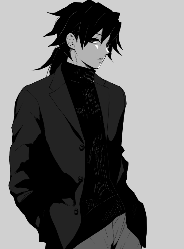 sinba (ying-hua), tomioka giyuu, kimetsu no yaiba, 1boy, black eyes, black hair, black jacket, cowboy shot, empty eyes, grey background, grey pants, greyscale, hands in pockets, jacket, long hair, low ponytail, male focus, monochrome, open clothes, open jacket, pants, parted lips, ponytail, simple background, solo, spiked hair, sweater, turtleneck, turtleneck sweater