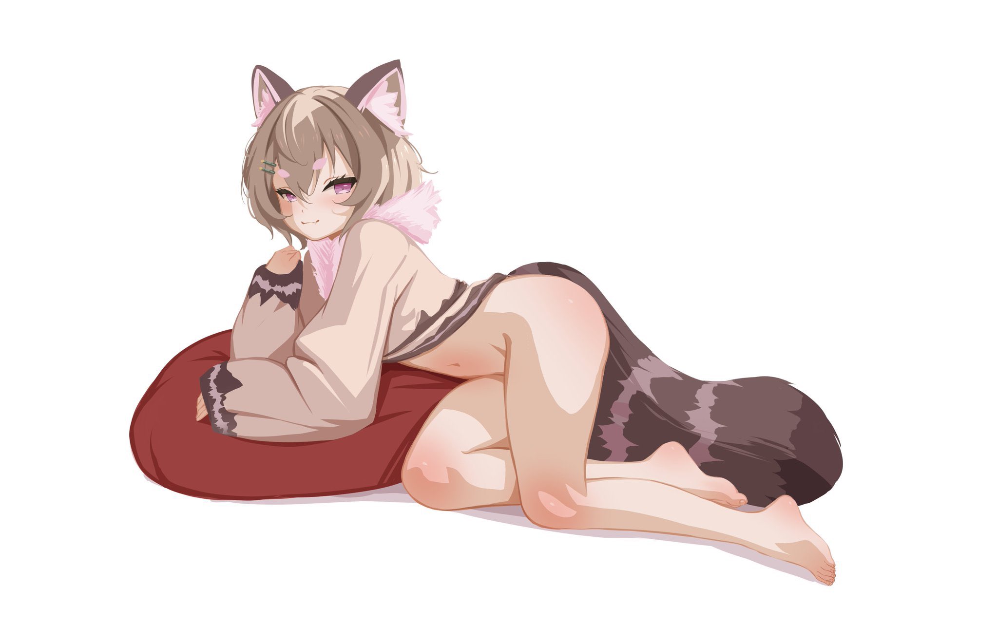 sansha art, komachi panko, phase connect, commission, highres, second-party source, 1girl, animal ear fluff, animal ears, barefoot, bottomless, brown hair, looking at viewer, red panda, red panda ears, red panda girl, red panda tail, simple background, smile, solo, tail, thick eyebrows, virtual youtuber, white background