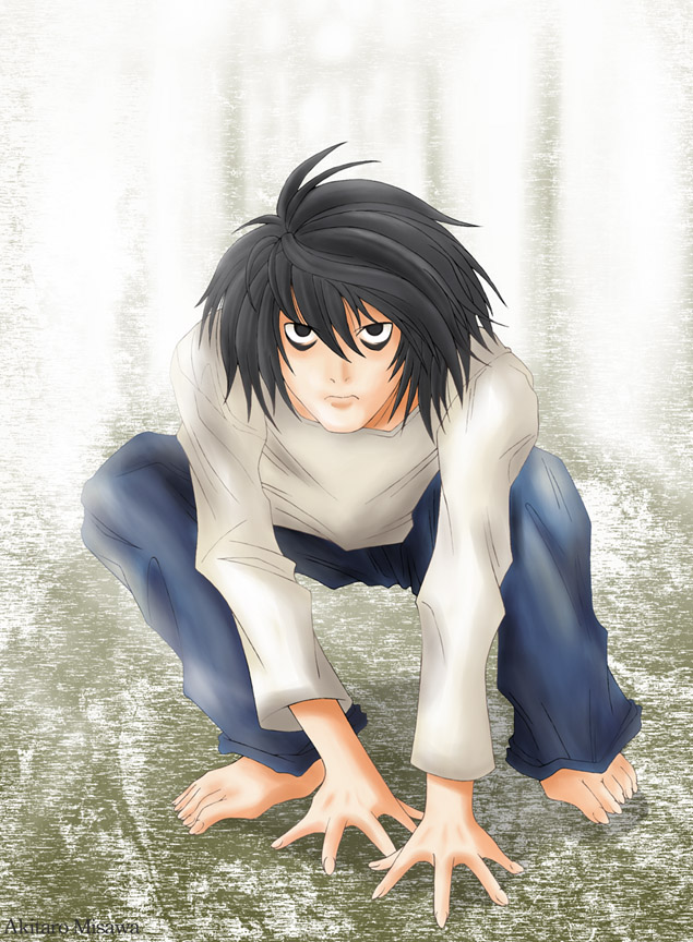 misawa akitarou, l (death note), death note, 00s, 1boy, black eyes, black hair, frown, male focus, solo, squatting