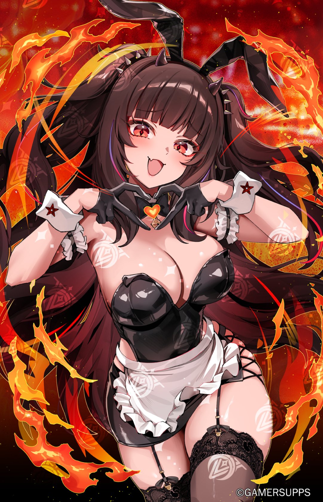 foxyreine, lucy pyre, indie virtual youtuber, highres, 1girl, animal ears, apron, arm garter, black hair, black leotard, black thighhighs, breasts, demon girl, demon horns, detached collar, fake animal ears, fang, garter straps, heart, heart hands, horns, large breasts, leotard, long hair, looking at viewer, open mouth, rabbit ears, red eyes, skin fang, solo, strapless, strapless leotard, thighhighs, virtual youtuber, waist apron, wrist cuffs