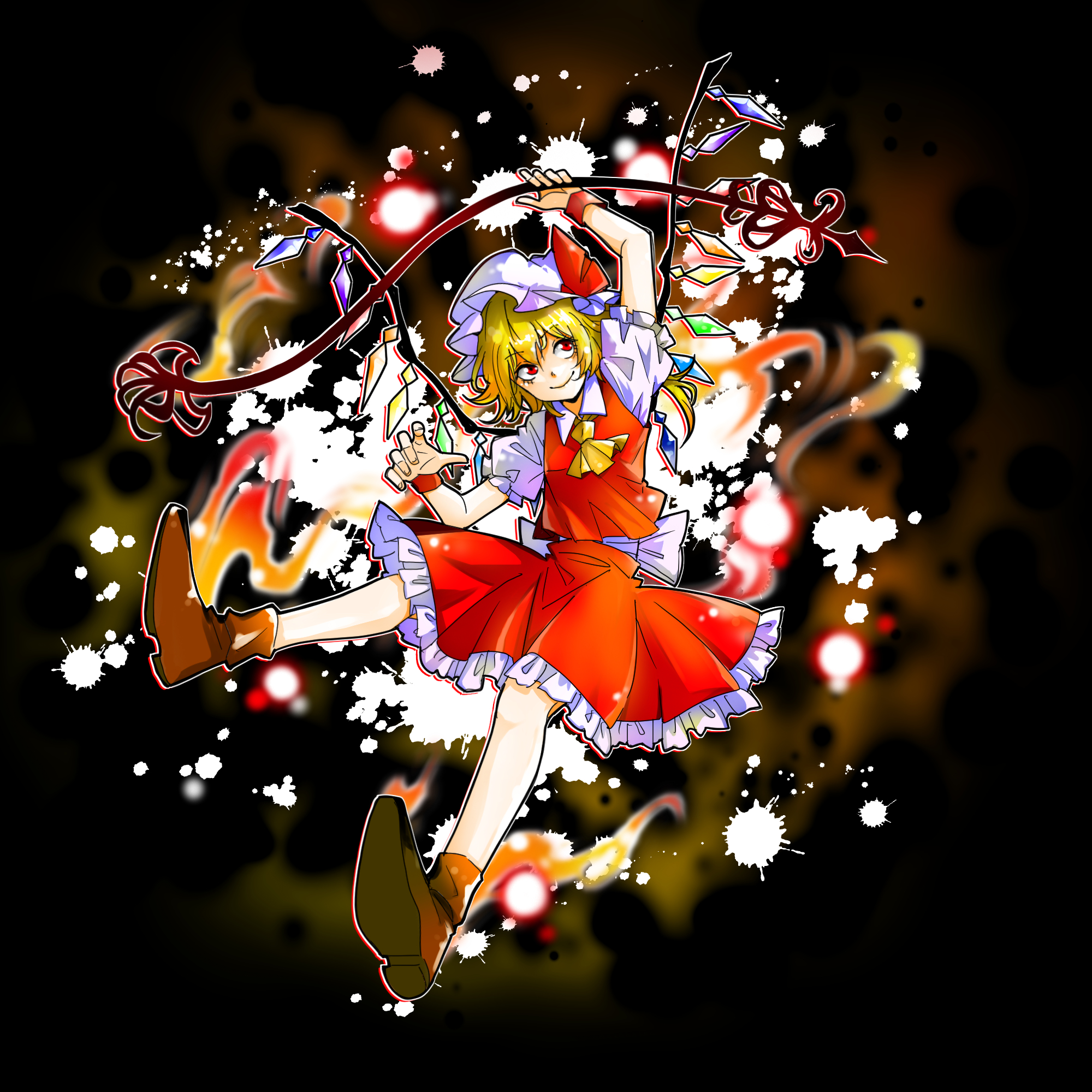 flandre scarlet, touhou, highres, 1girl, ascot, brown shoes, crystal wings, full body, holding, holding weapon, looking to the side, looking up, puffy short sleeves, puffy sleeves, red skirt, red vest, shoes, short hair, short sleeves, skirt, smile, solo, vest, weapon, wings, yellow ascot, yuya (euky8335)
