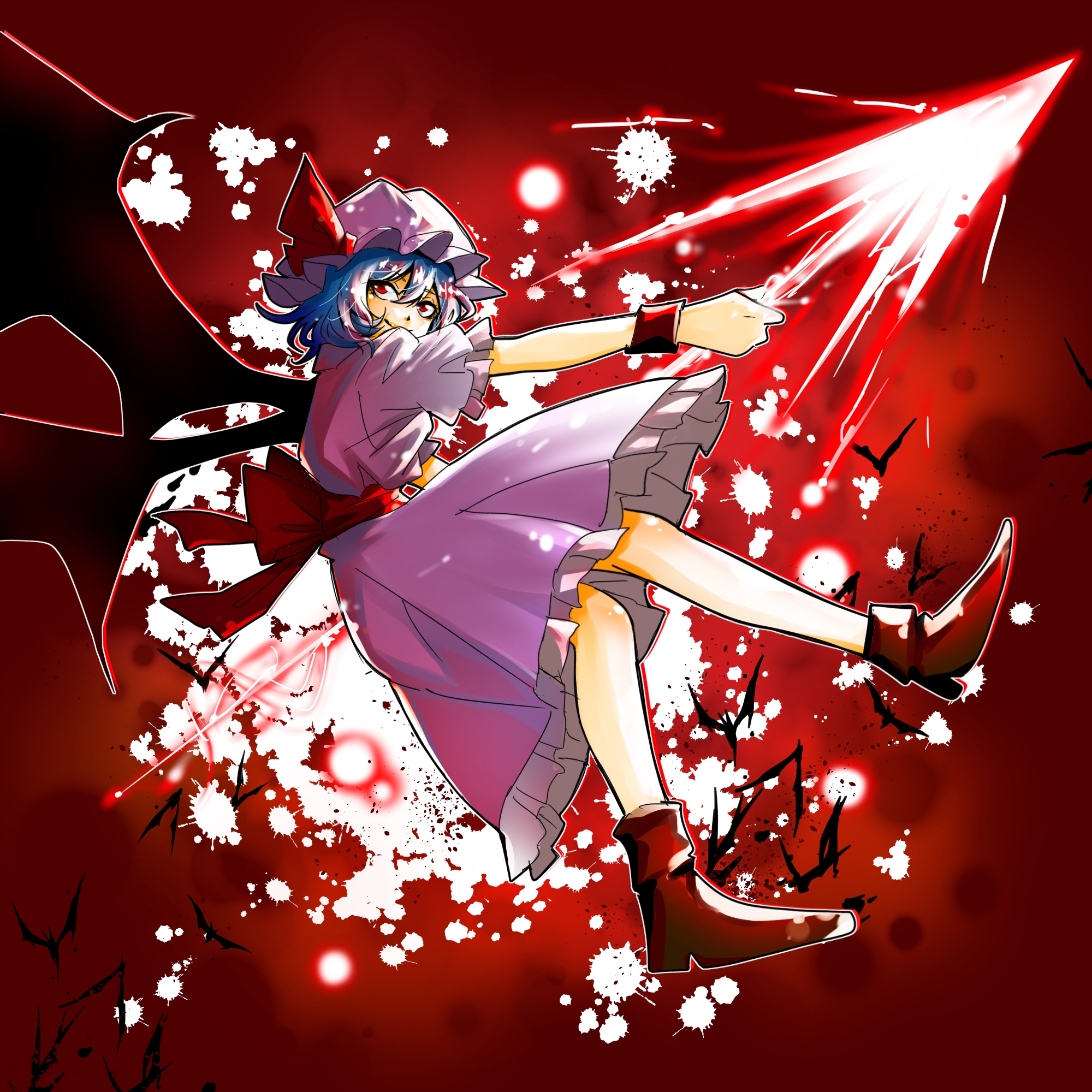 remilia scarlet, touhou, highres, 1girl, bat (animal), bat wings, blue hair, brown shoes, dress, full body, hat, holding, holding polearm, holding weapon, looking to the side, looking up, mob cap, pink dress, polearm, puffy short sleeves, puffy sleeves, shoes, short hair, short sleeves, smile, solo, weapon, wings, yuya (euky8335)