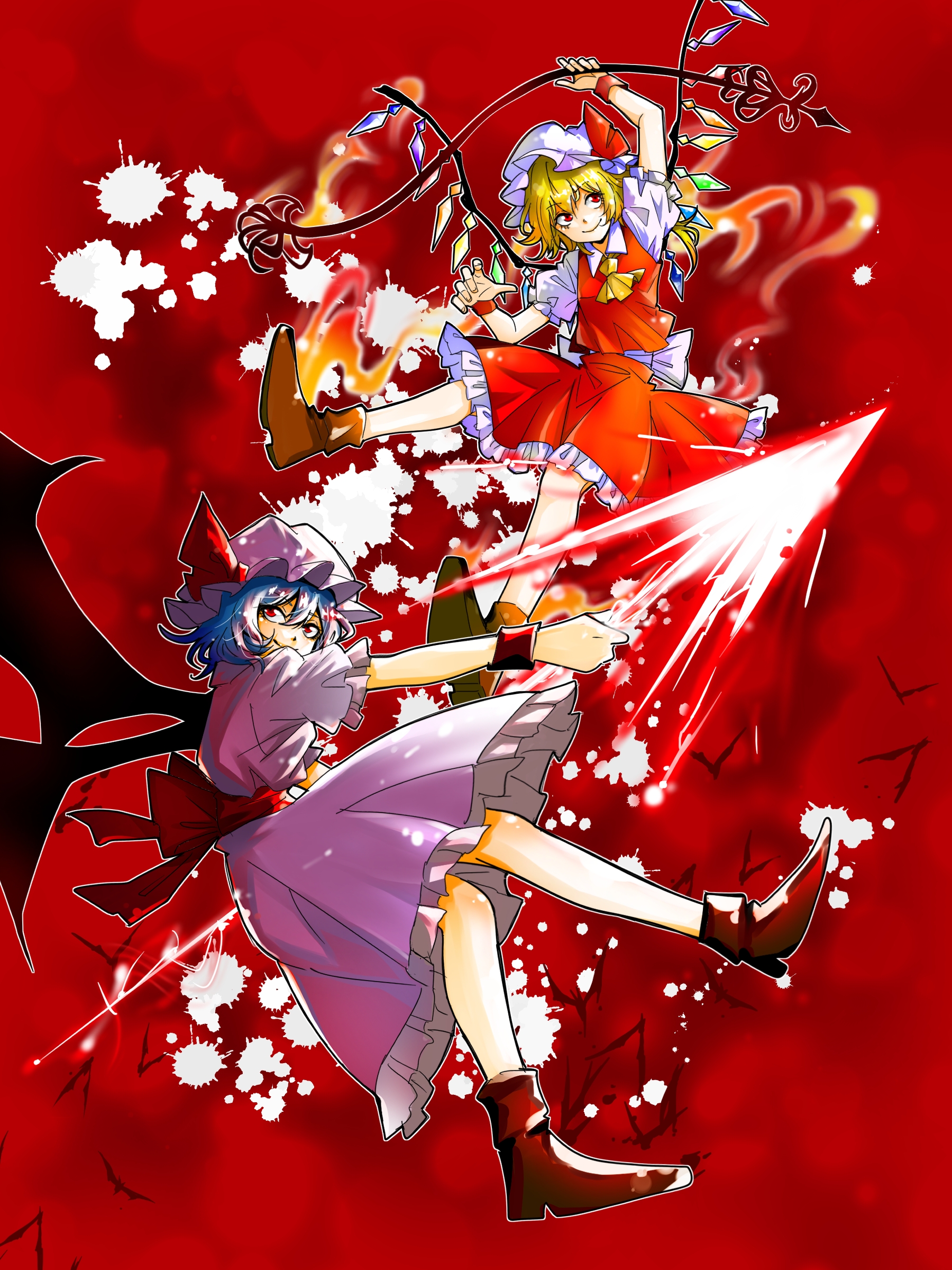 flandre scarlet, remilia scarlet, touhou, absurdres, highres, 2girls, bat wings, blue hair, brown shoes, dress, frilled dress, frills, full body, hat, holding, holding weapon, looking to the side, looking up, multiple girls, pink eyes, pink hat, puffy short sleeves, puffy sleeves, red background, red skirt, red vest, shoes, short hair, short sleeves, skirt, smile, solo, vest, weapon, white hat, wings, yuya (euky8335)