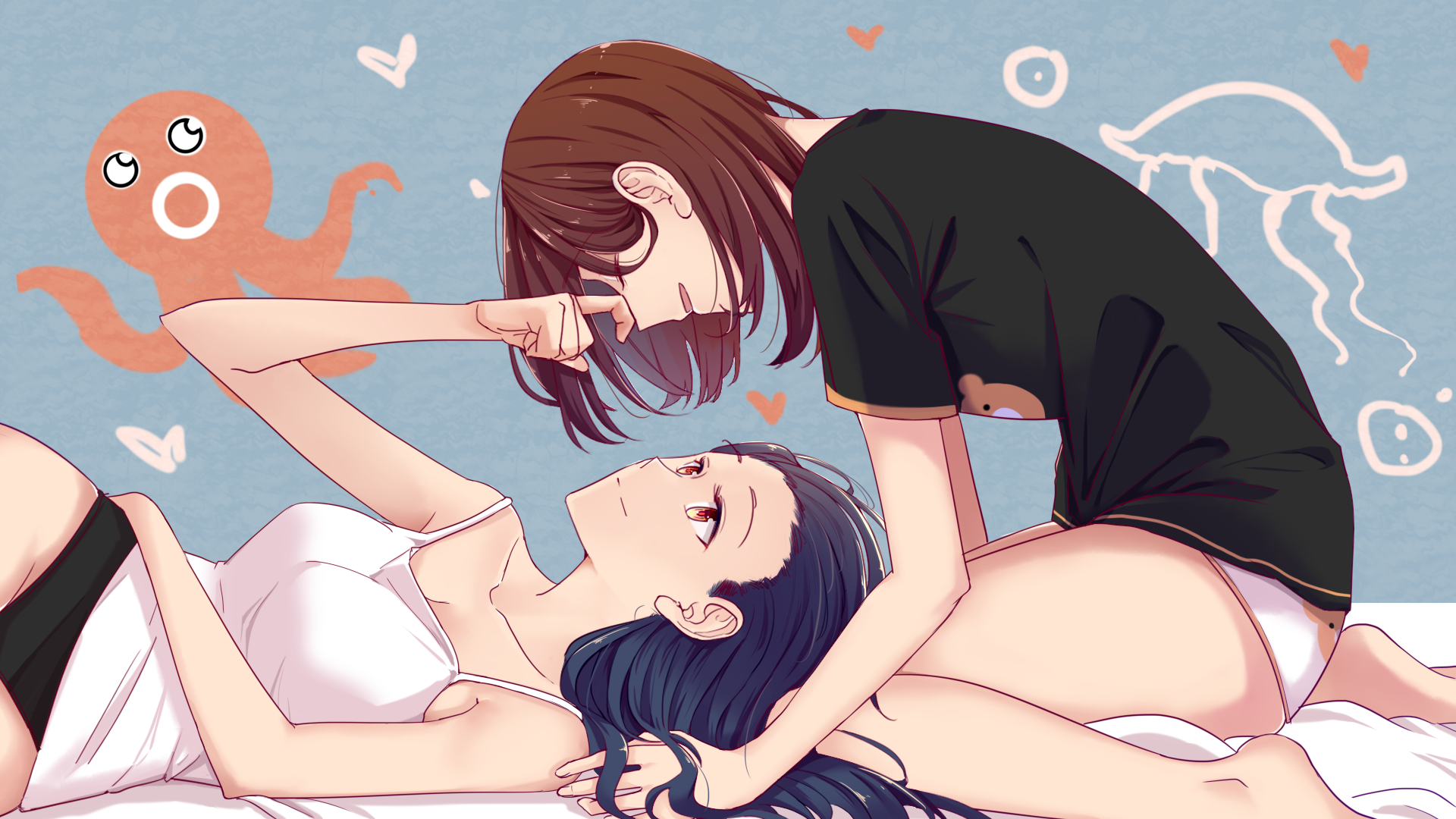 ajie (changemyself), original, chinese commentary, commentary request, highres, 2girls, animal print, bear panties, bear print, bent over, black panties, black shirt, blue background, breasts, camisole, closed eyes, closed mouth, collarbone, hair spread out, hand on another's face, hand up, long hair, looking at another, lying, medium hair, multiple girls, no pants, on back, panties, parted lips, pink eyes, print panties, print shirt, purple hair, red hair, shirt, short sleeves, sitting, split mouth, t-shirt, underwear, wariza, white camisole, white panties, yuri