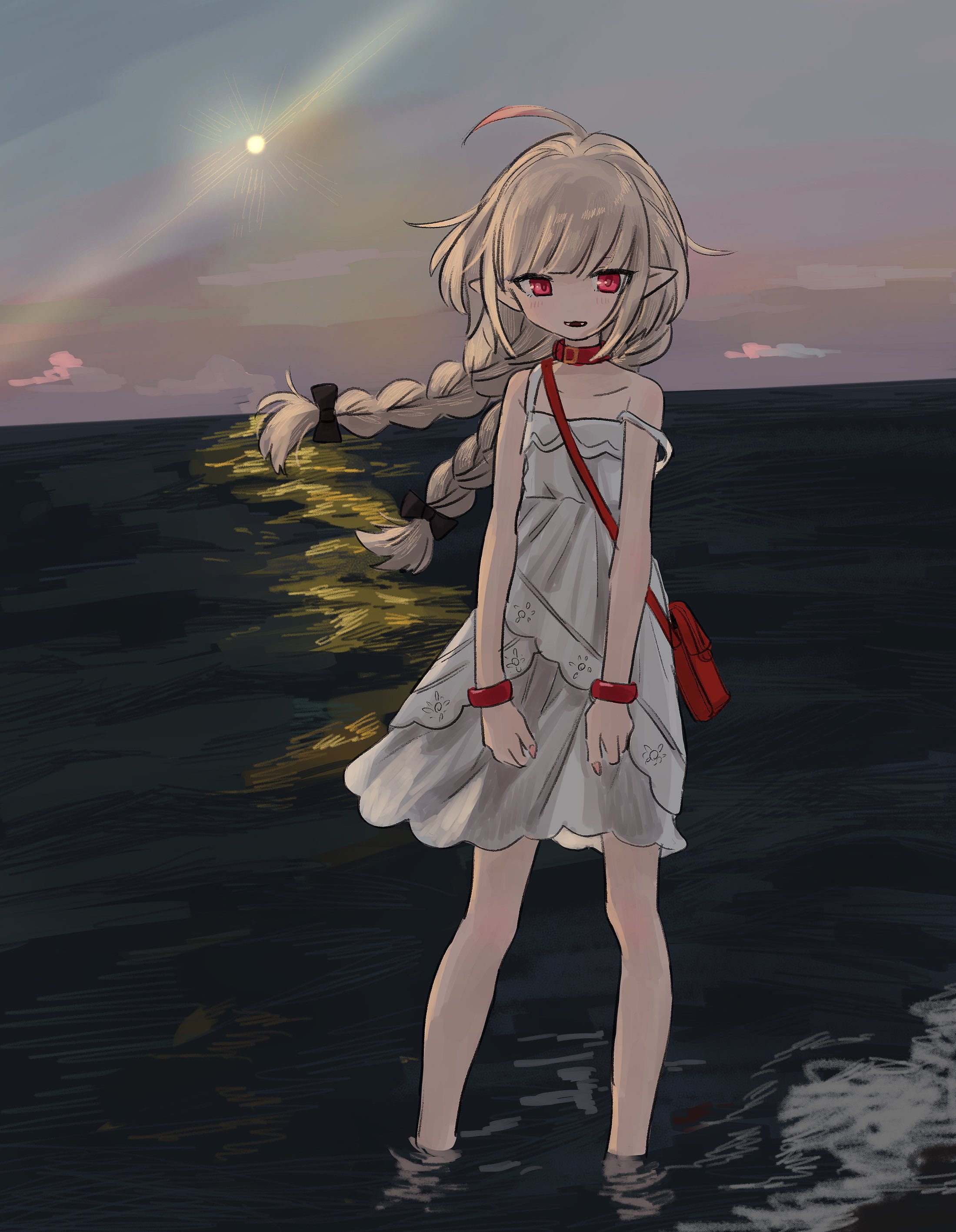 makaino ririmu, makaino ririmu (3rd costume), nijisanji, absurdres, highres, 1girl, ahoge, alternate hairstyle, bag, bare shoulders, belt collar, black ribbon, blunt bangs, blush, bracelet, braid, choker, cloud, collar, collarbone, colored tips, dress, fangs, flat chest, grey hair, hair ribbon, handbag, horizon, jewelry, lace trim, long hair, low twin braids, lr ilil, multicolored hair, ocean, parted lips, pointy ears, red bag, red collar, red eyes, red hair, ribbon, see-through clothes, see-through skirt, shoulder bag, sidelocks, skirt, sky, sleeveless, sleeveless dress, solo, strap slip, streaked hair, sundress, twin braids, virtual youtuber, wading, white dress, wind