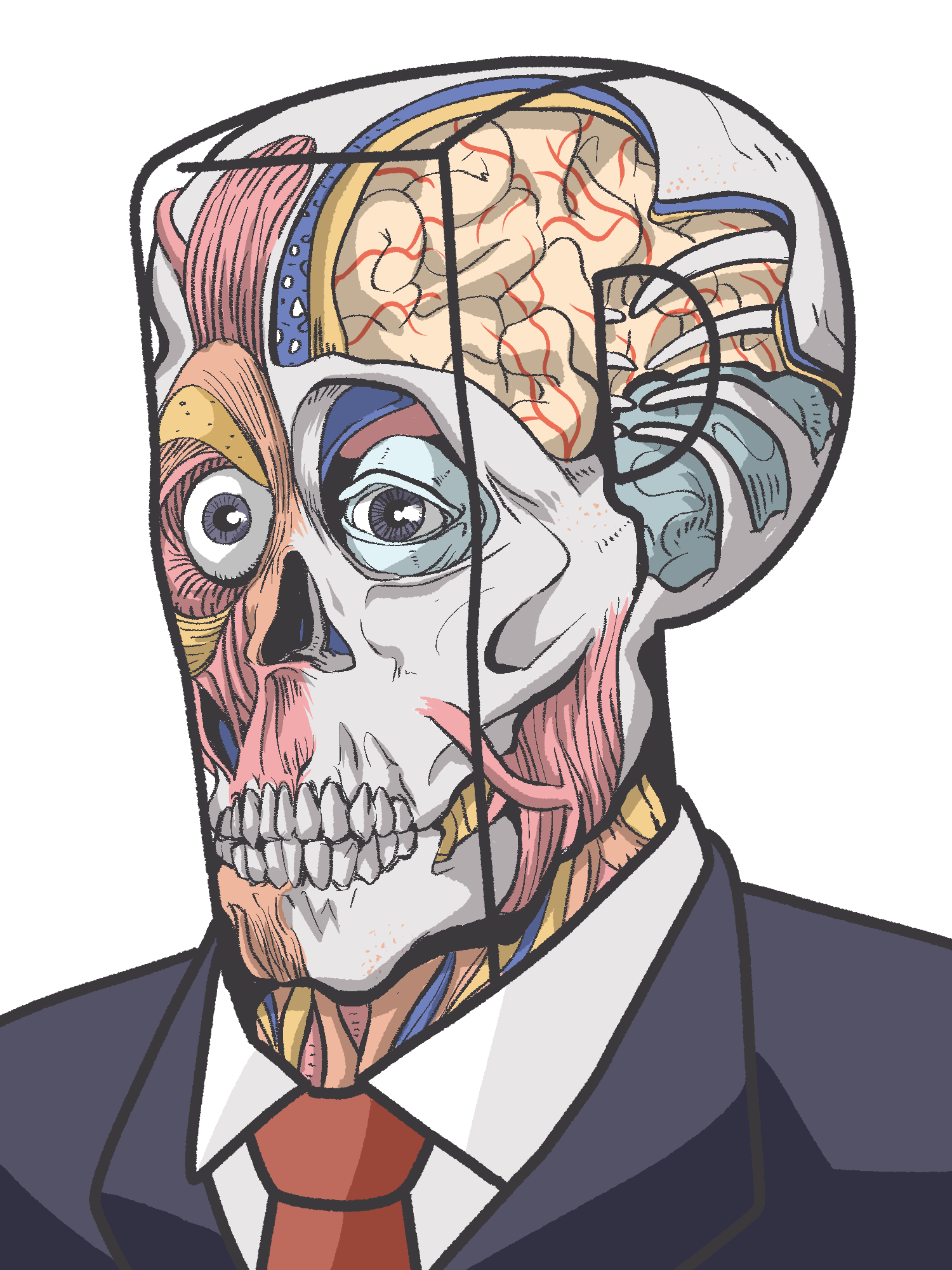 ohgi910, p-head producer, producer (idolmaster), idolmaster, highres, 1boy, anatomy, black jacket, braid, business suit, exposed muscle, eyeball, formal clothes, jacket, male focus, necktie, portrait, realistic teeth, red necktie, simple background, skull, solo, suit, suit jacket, teeth, veins, white background, x-ray