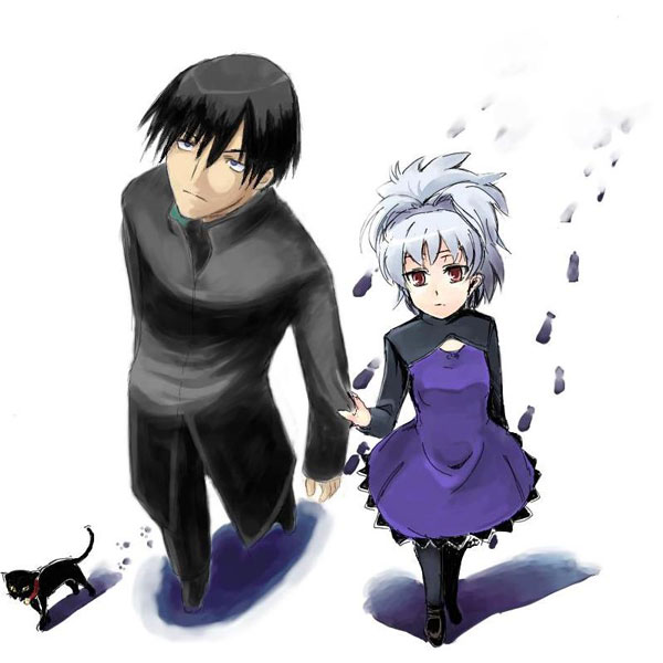 gin'ichi (akacia), ginichi, hei (darker than black), mao (darker than black), yin (darker than black), darker than black, silver hair, 00s, 1boy, 1girl, black cat, black pantyhose, cat, dress, expressionless, from above, hetero, holding hands, long sleeves, looking at viewer, looking up, pants, pantyhose, purple dress, short hair, simple background, walking, white background