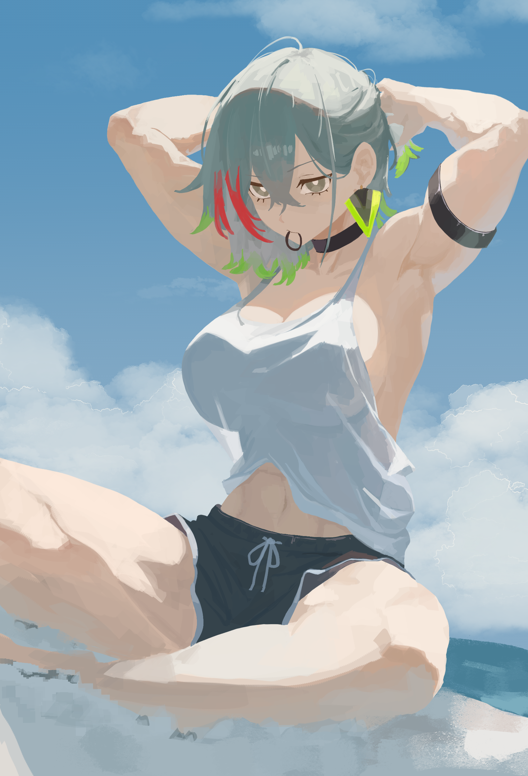 nbee ya, diabellstar the black witch, yu-gi-oh!, absurdres, highres, 1girl, abs, adjusting hair, armpits, arms behind head, arms up, bare shoulders, biceps, breasts, cleavage, collarbone, colored tips, duel monster, green eyes, green hair, grey eyes, grey hair, hair tie in mouth, hand in own hair, hands in own hair, holding, holding own hair, large breasts, medium hair, midriff, mouth hold, multicolored hair, muscular, muscular female, navel, obliques, open mouth, pale skin, shirt, short shorts, shorts, simple background, solo, tank top, thick thighs, thighs, tying hair, white tank top