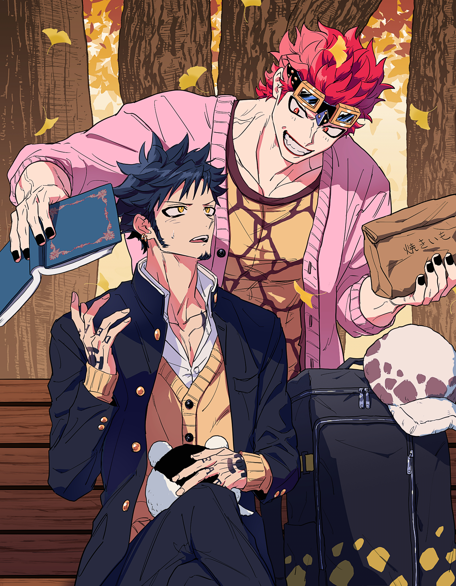 yakumo (ykm), eustass kid, trafalgar law, one piece, commentary request, highres, 2boys, autumn leaves, bag, bench, black bag, black hair, black jacket, black nails, black pants, book, brown cardigan, buttons, cardigan, collarbone, collared shirt, crossed legs, day, earrings, eye contact, facial hair, falling leaves, finger tattoo, fingernails, fur hat, gakuran, ginkgo leaf, goatee, goggles, goggles on head, gold earrings, grin, hand tattoo, hand up, hat, holding, holding bag, holding book, jacket, jewelry, leaf, long sleeves, looking at another, looking down, looking up, male focus, multiple boys, nail polish, on bench, open book, open cardigan, open clothes, open jacket, open mouth, outdoors, pants, paper bag, pectorals, pink cardigan, red eyes, red hair, red lips, school uniform, shirt, short hair, sideburns, sitting, sleeves past wrists, smile, spiked hair, standing, sweatdrop, tattoo, teeth, tree, unworn hat, unworn headwear, upper teeth only, v-shaped eyebrows, white hat, white shirt, yellow eyes, yellow shirt