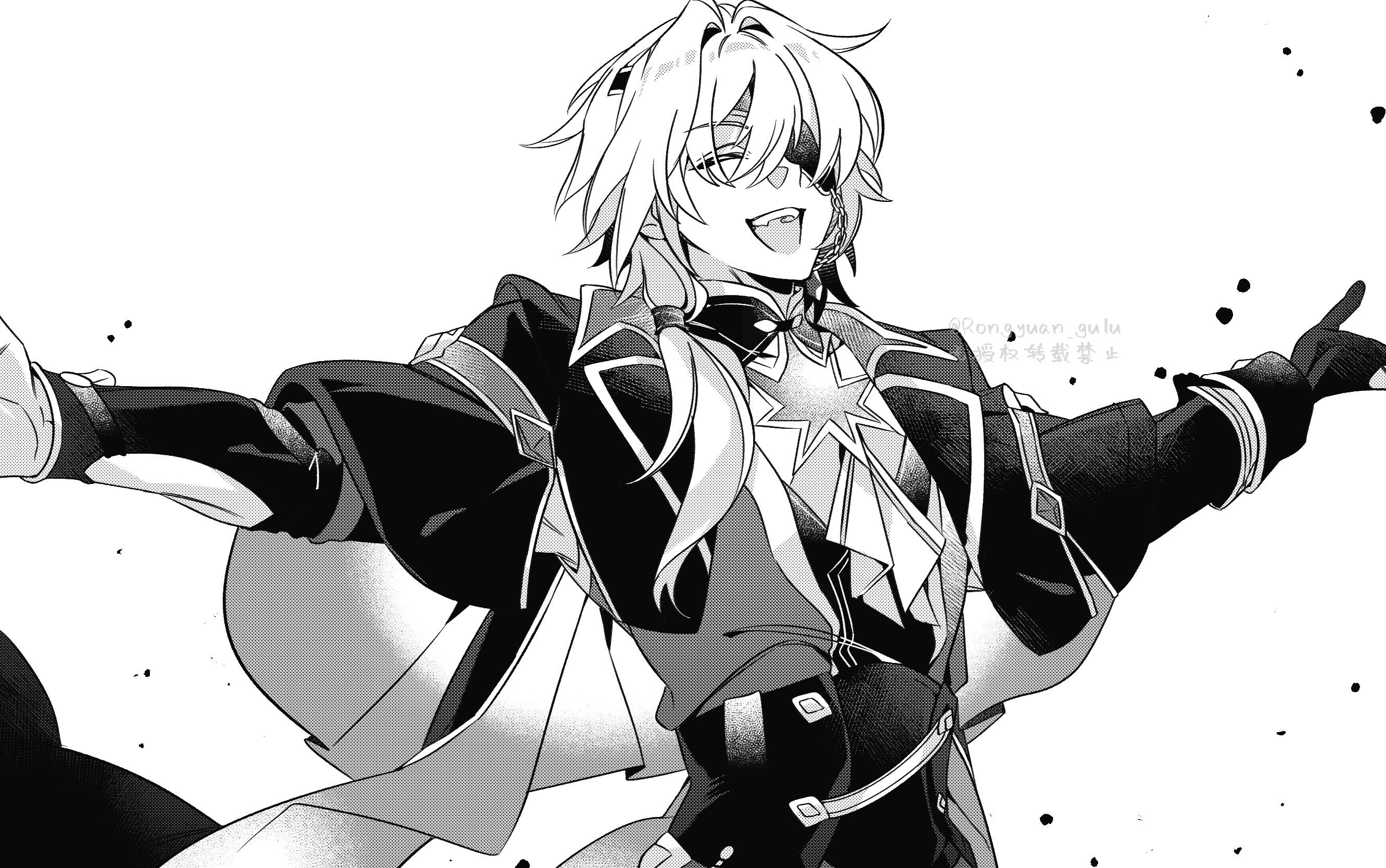 rongyuan gulu, anaxa (honkai: star rail), honkai: star rail, honkai (series), highres, 1boy, black corset, black jacket, chain, closed eyes, corset, earrings, eyepatch, greyscale, hair between eyes, hair intakes, jacket, jewelry, lapels, male focus, mandarin collar, medium hair, monochrome, notched lapels, one eye covered, open mouth, outstretched arms, shirt, side ponytail, single earring, smile, solo, teeth, upper body, upper teeth only, white background, white shirt