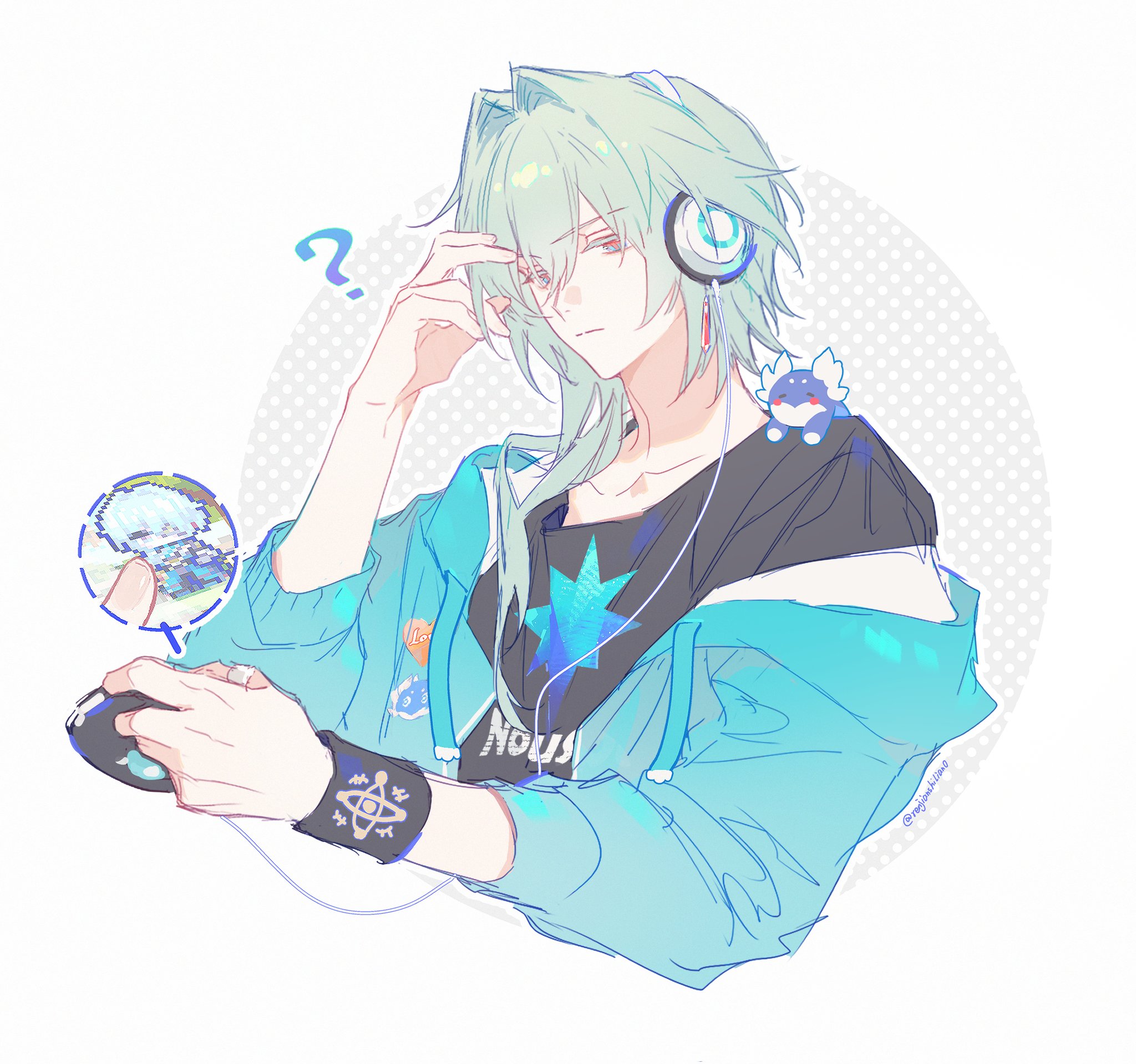 renjian shilian, anaxa (honkai: star rail), honkai: star rail, honkai (series), highres, 1boy, ?, alternate costume, aqua hair, aqua jacket, black shirt, blue eyes, chibi, closed mouth, collarbone, earrings, gem, hand up, headphones, holding, jacket, jewelry, male focus, medium hair, multicolored eyes, no eyepatch, pink eyes, pink pupils, pixel art, red gemstone, shirt, single earring, solo, two-tone eyes, upper body, white background