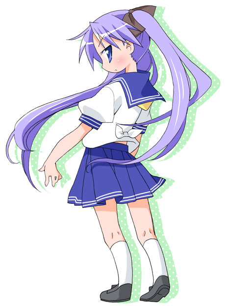 nekono osero, hiiragi kagami, lucky star, 00s, 1girl, back, black bow, black shoes, blue eyes, blue skirt, blush, bow, female focus, from behind, full body, hair bow, kneehighs, kneepits, long hair, long twintails, looking at viewer, looking back, miniskirt, pleated skirt, profile, puffy short sleeves, puffy sleeves, purple hair, school uniform, serafuku, shirt, shoes, short sleeves, skirt, socks, solo, standing, twintails, white shirt, white socks, wind