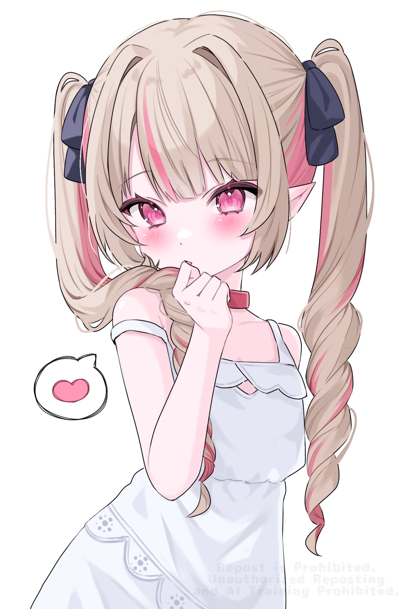 makaino ririmu, makaino ririmu (3rd costume), nijisanji, highres, 1girl, alternate hairstyle, bare shoulders, blue ribbon, blunt bangs, blush, choker, collar, collarbone, colored inner hair, cowboy shot, dress, drill hair, grey hair, hair intakes, hair over shoulder, hair ribbon, hand on own chin, heart, lace trim, long hair, multicolored hair, official alternate hair color, parted lips, pink hair, pointy ears, red collar, red eyes, ribbon, sidelocks, simple background, sleeveless, sleeveless dress, solo, spoken heart, strap slip, streaked hair, sundress, twin drills, virtual youtuber, warewa tanaka, watermark, white background, white dress