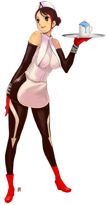 junkaido, naomi (kamen rider den-o), kamen rider, kamen rider den-o (series), 1girl, black hair, boots, breasts, brown hair, elbow gloves, female focus, food, full body, gloves, hat, lipstick, makeup, simple background, solo, standing, waitress, white background