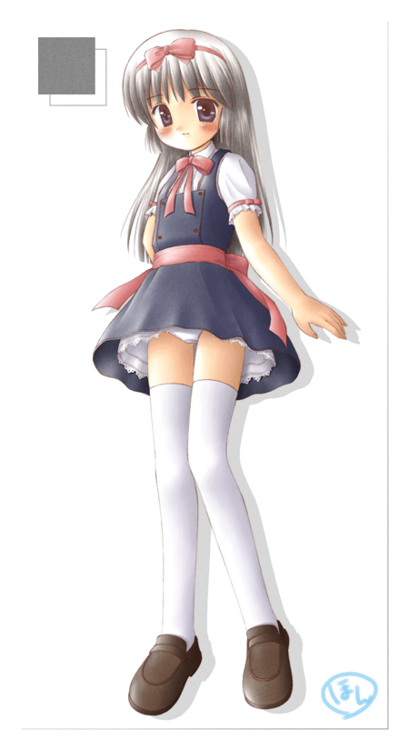 blush, bow, long hair, panties, pantyshot, ribbon, thighhighs, underwear, upskirt