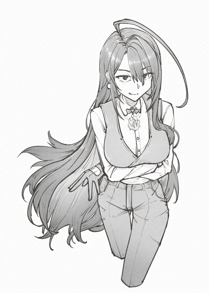 igalimax, elizabeth rose bloodflame, hololive, hololive english, 1girl, ahoge, blue fire, bow, bowtie, fire, fire on chest, formal clothes, long hair, pant suit, pants, shirt, solo, suit, vest, white background, white shirt