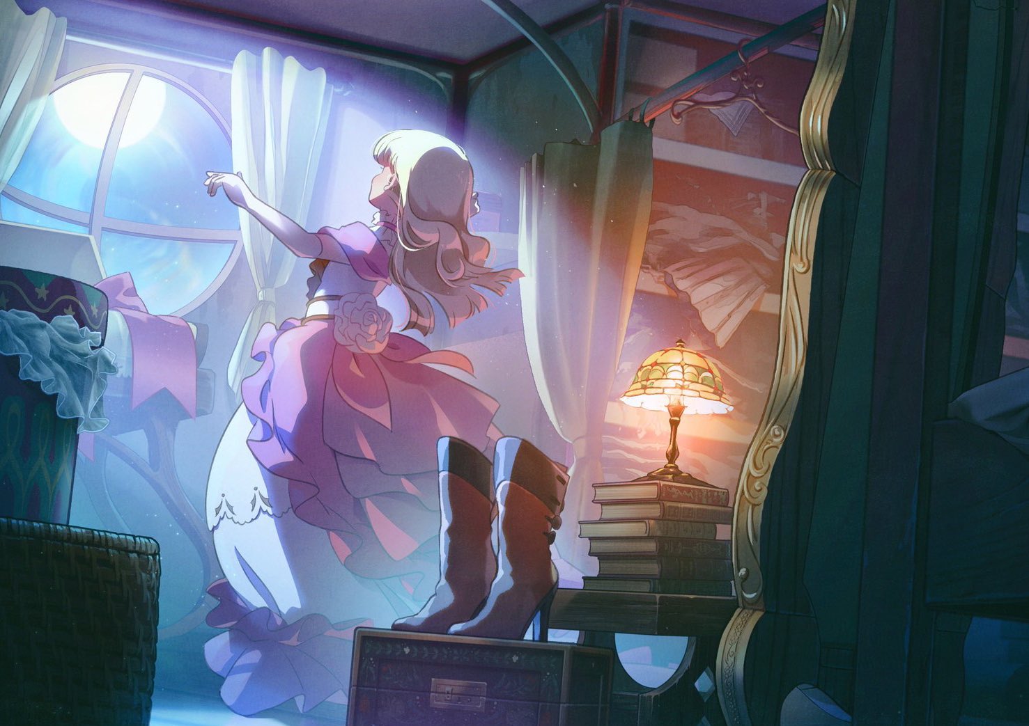 kuwabara (mola 8), nadja applefield, ashita no nadja, commentary request, 1girl, back, blonde hair, book, book stack, boots, choker, dress, elbow gloves, frilled choker, frilled dress, frills, full body, gloves, high heel boots, high heels, indoors, lamp, long hair, outstretched arms, pink dress, pink hair, solo, white gloves