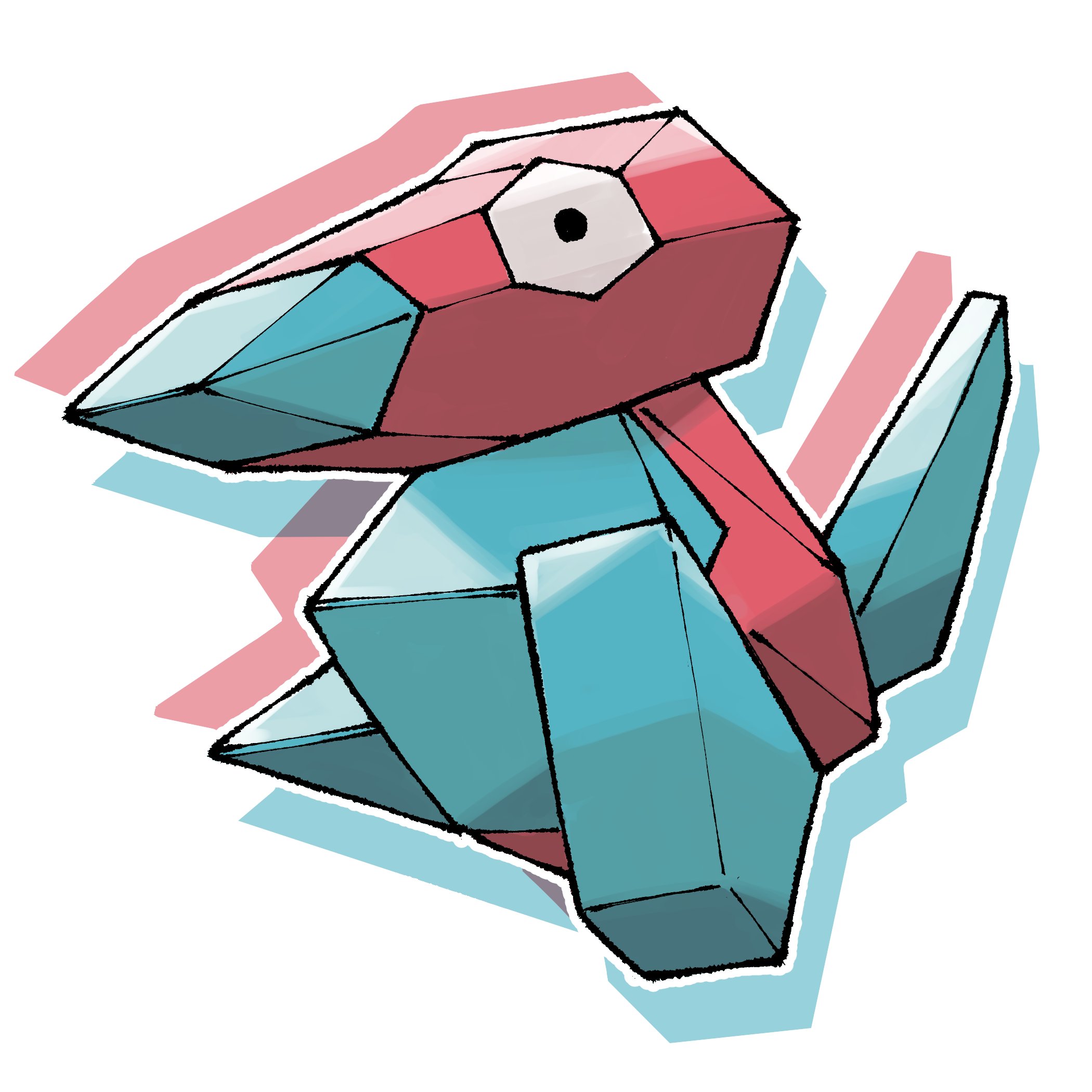 pr quote, porygon, nintendo, pokemon, commentary, english commentary, highres, black eyes, drop shadow, gen 1 pokemon, no humans, outline, pokemon (creature), pokemon focus, solo, white background, white outline