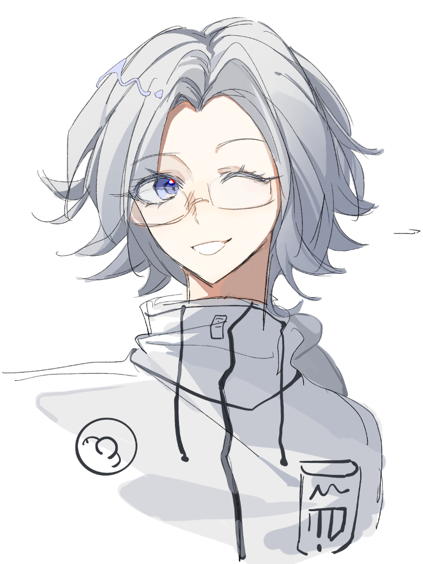 aotsuki eito, the hundred line -last defense academy-, chinese commentary, commentary request, 1boy, blue eyes, breast pocket, cropped torso, glasses, grey hair, grin, jacket, laiyinye, looking at viewer, male focus, one eye closed, pocket, short hair, simple background, sketch, smile, solo, upper body, white background, white jacket
