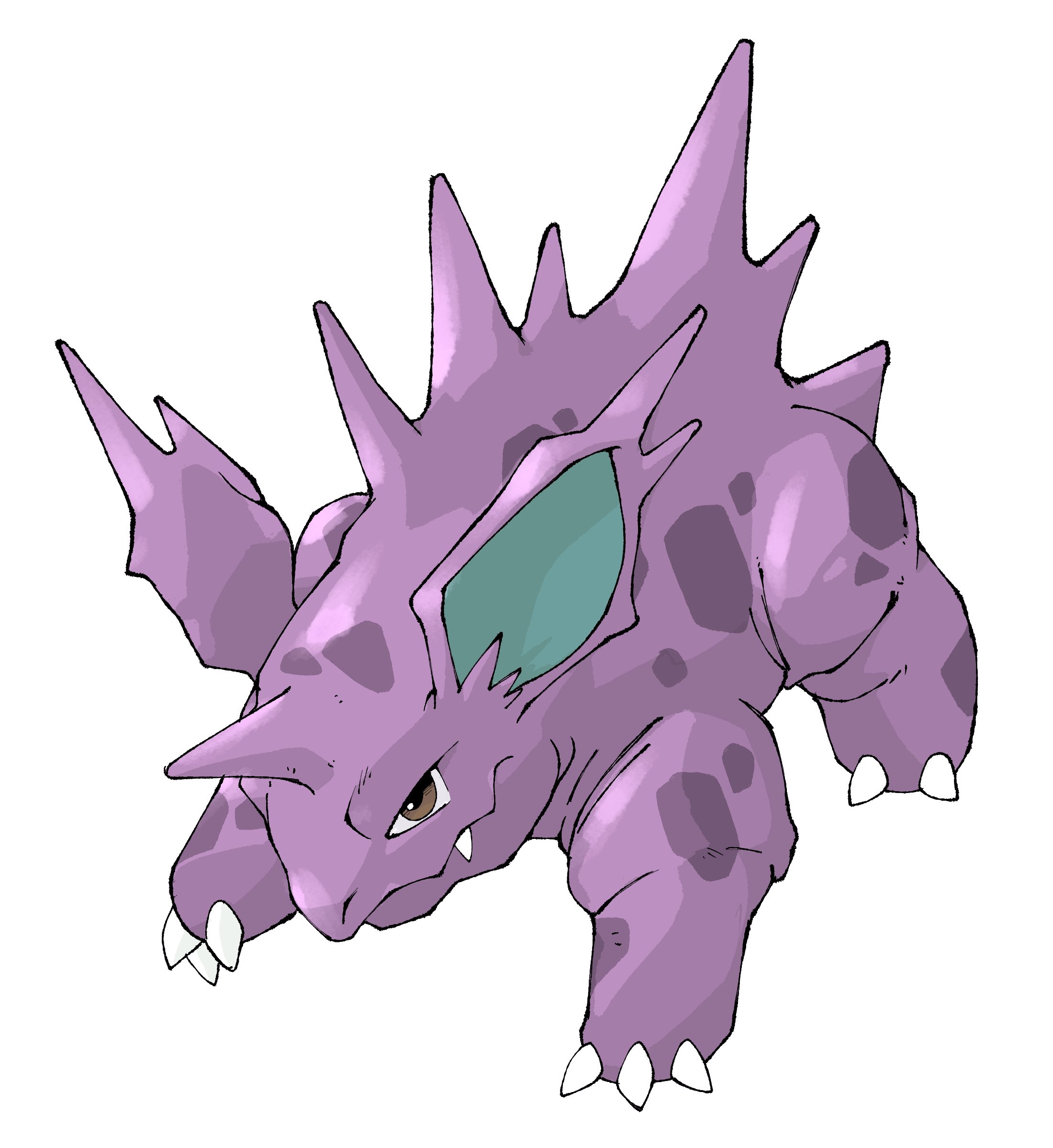 pr quote, nidorino, nintendo, pokemon, absurdres, commentary, english commentary, highres, brown eyes, claws, closed mouth, fang, full body, gen 1 pokemon, horns, looking at viewer, no humans, nostrils, pokemon (creature), pokemon focus, single horn, solo, v-shaped eyes, white background