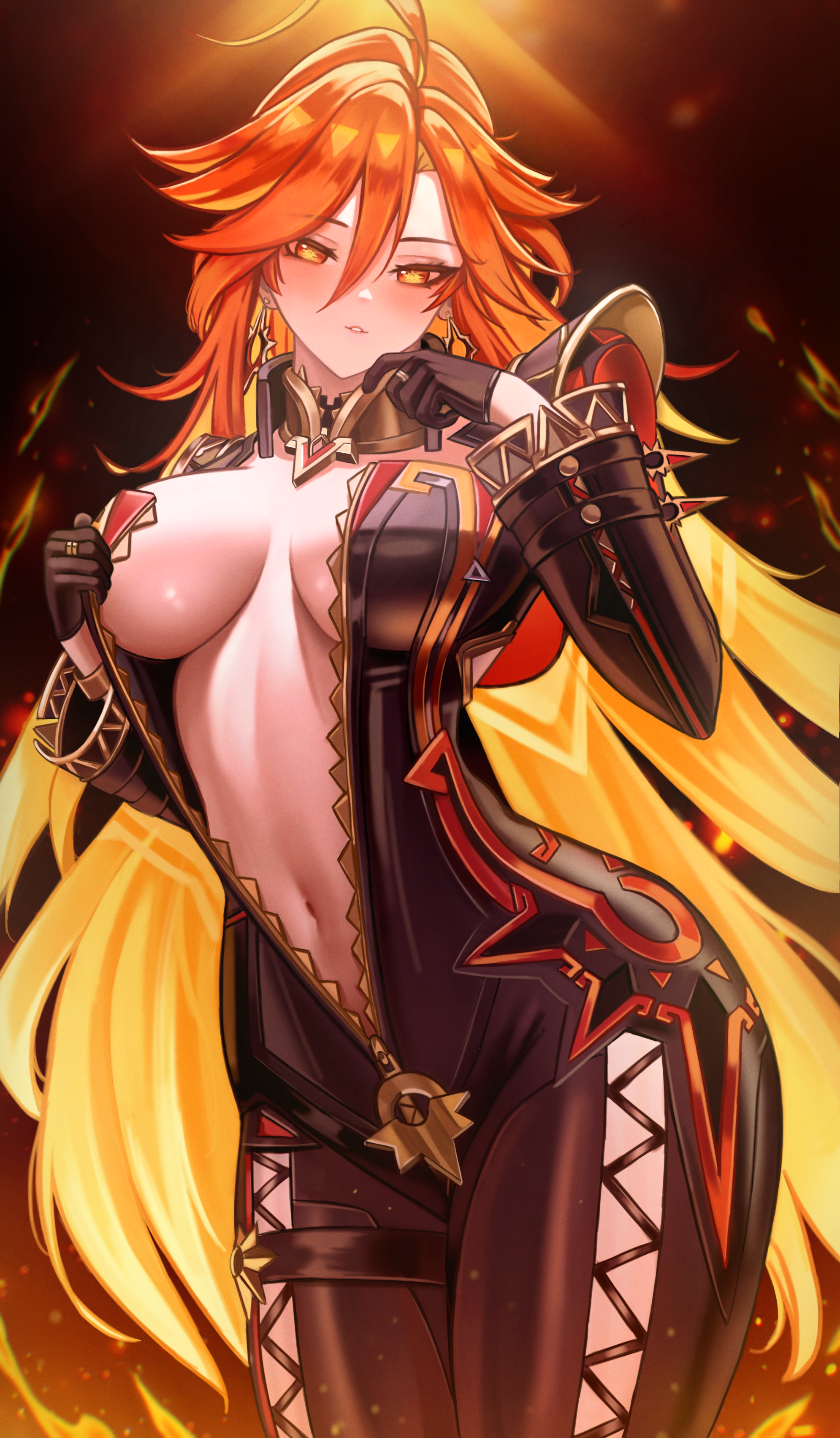 puppnet, mavuika (genshin impact), genshin impact, absurdres, commentary, highres, 1girl, ahoge, biker clothes, black bodysuit, black gloves, bodysuit, breasts, gloves, large breasts, long hair, multicolored hair, navel, red eyes, red hair, solo, symbol-shaped pupils, two-tone hair, very long hair