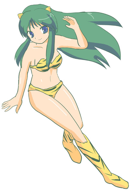 yoshi (crossmind), lum, urusei yatsura, print footwear, bad id, tagme, 1girl, animal print, arm up, bare shoulders, bikini, blue eyes, breasts, collarbone, cone horns, female focus, green hair, horns, leaning to the side, long hair, navel, oni, print bikini, sidelocks, simple background, small breasts, smile, solo, strapless, strapless bikini, swimsuit, thighs, tiger print, white background, yellow bikini