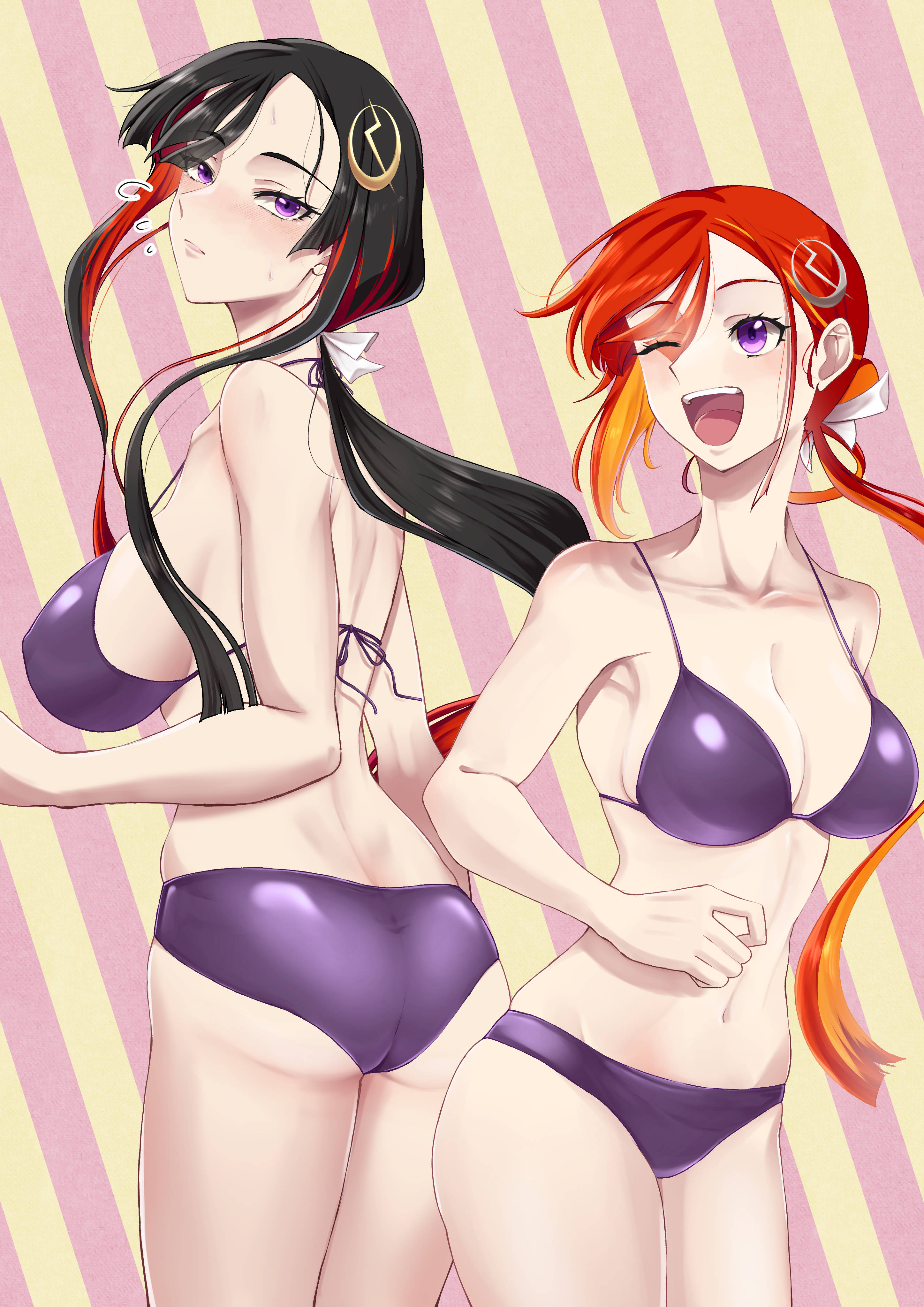 kikyouta, jeunesse crane (fate), miss crane (fate), miss crane (third ascension) (fate), fate/grand order, fate (series), absurdres, highres, 2girls, ass, bare shoulders, bikini, black hair, blush, breasts, cleavage, hair ornament, hair ribbon, jeunesse crane (third ascension) (fate), large breasts, long hair, looking at viewer, looking back, medium breasts, multicolored hair, multiple girls, navel, one eye closed, open mouth, orange hair, ponytail, purple bikini, purple eyes, red hair, ribbon, sidelocks, smile, swimsuit, thighs, two-tone hair