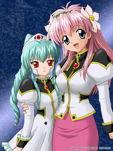 milfeulle sakuraba, vanilla h, galaxy angel, tagme, 00s, 2girls, artist name, blue eyes, dated, green hair, high ponytail, long hair, looking at viewer, multiple girls, open mouth, pink hair, ponytail, red eyes, smile