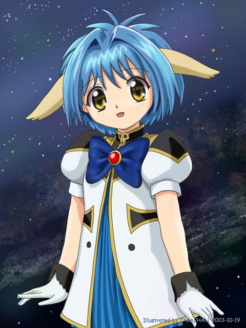 takachan, mint blancmanche, galaxy angel, tagme, 00s, 1girl, animal ears, artist name, blue hair, dated, dress, female focus, gloves, puffy sleeves, short dress, short hair, solo, space, star (sky), yellow eyes