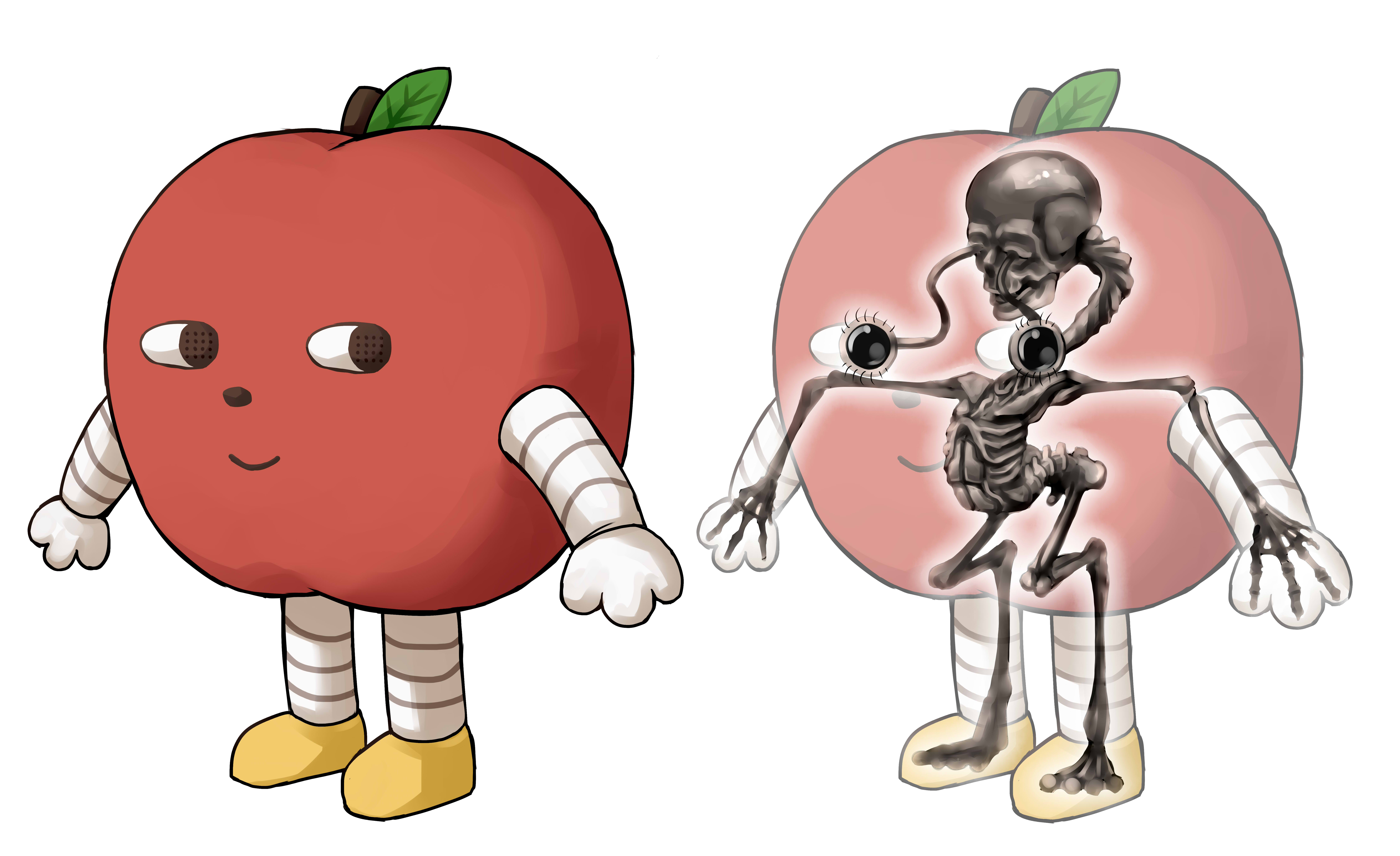 akiya 0919, ringorou (idolmaster), idolmaster, idolmaster cinderella girls, absurdres, highres, 1other, apple, closed mouth, cursed fall guy (meme), food, fruit, full body, horror (theme), looking to the side, meme, multiple views, sideways glance, simple background, skeleton, skull, smile, standing, stretched neck, what, white background, x-ray