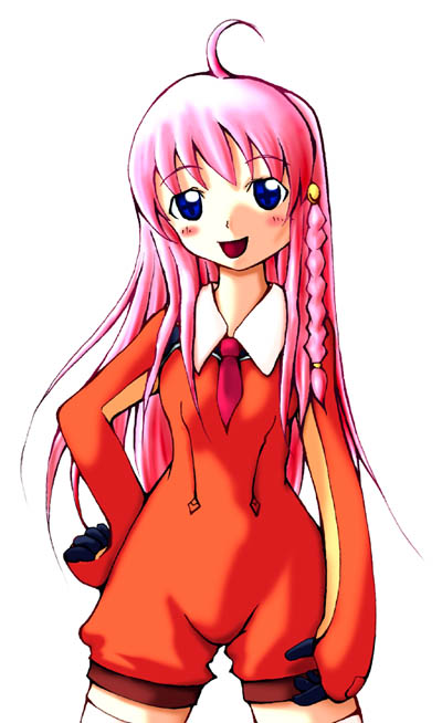 lin-x, tagme, ahoge, blue eyes, pink hair, simple background