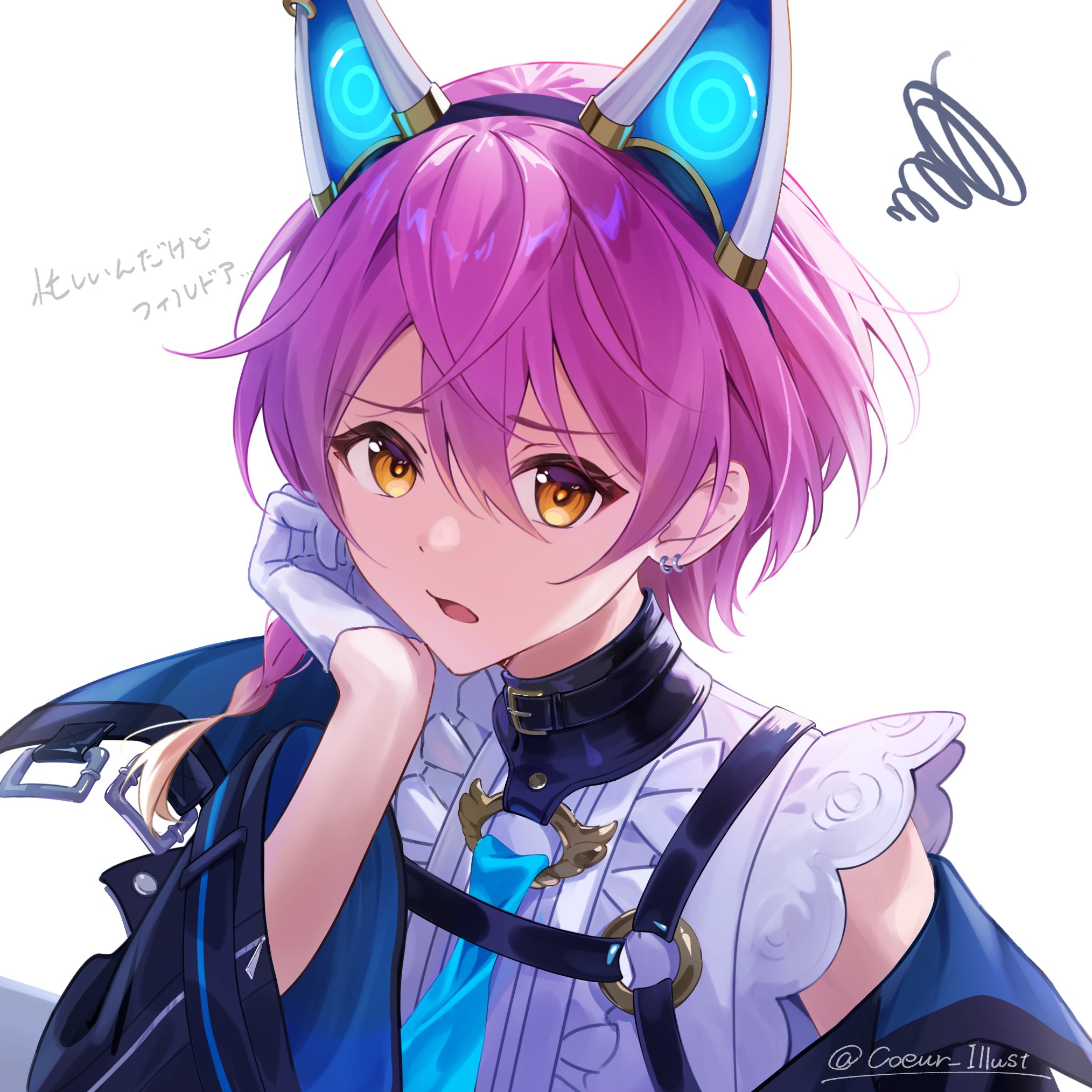 coeur, shadowverse, shadowverse: worlds beyond, highres, alouette (shadowverse: worlds beyond), animal ears, blue necktie, braid, cat ears, earrings, jacket, jewelry, mechanical ears, necktie, open clothes, open jacket, orange eyes, purple hair, strap, upper body