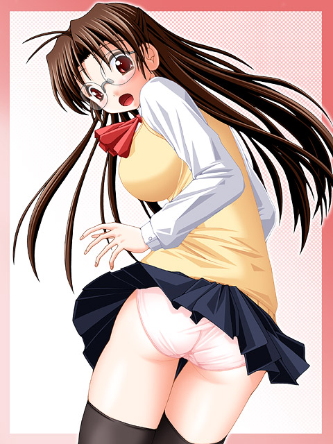 keito, red neckwear, character request, copyright request, 1girl, ass, black thighhighs, blue skirt, blush, bow, bowtie, breasts, brown eyes, brown hair, female focus, from behind, glasses, large breasts, long hair, long sleeves, looking back, open mouth, panties, pink background, pink panties, school uniform, serafuku, shirt, skirt, solo, surprised, sweater, sweater vest, thighhighs, underwear, vest, white shirt, wind, wind lift, yellow sweater vest