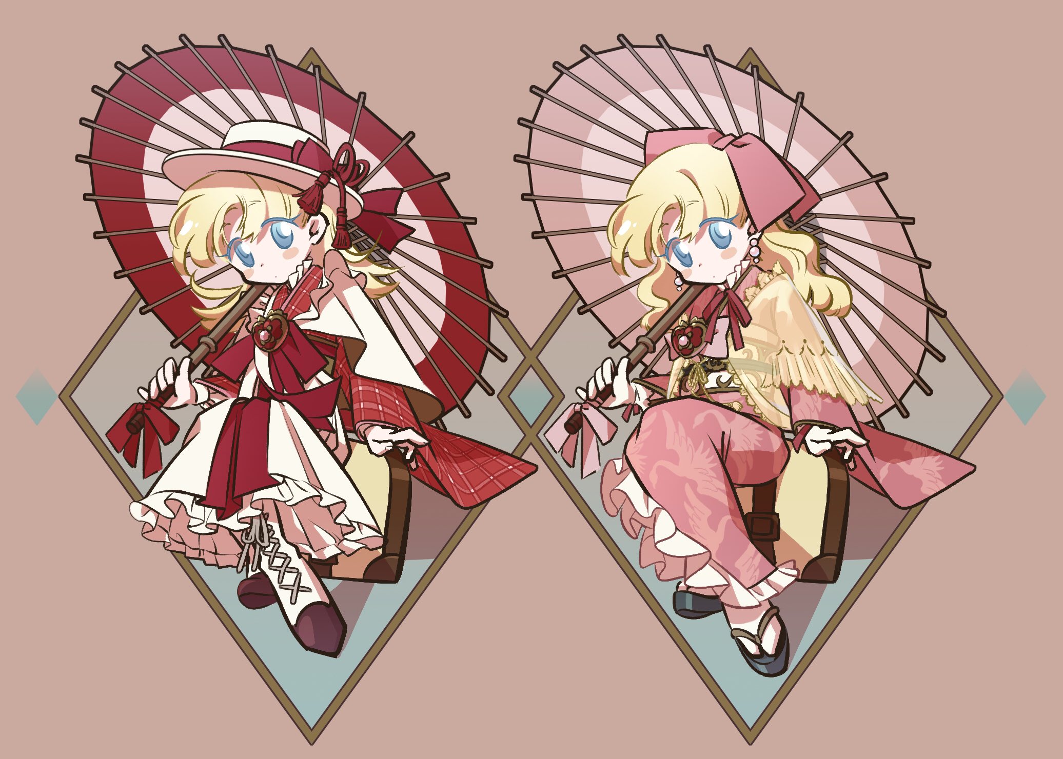 kuwabara (mola 8), nadja applefield, ashita no nadja, highres, 1girl, blonde hair, blue eyes, blush stickers, boots, closed mouth, dress, full body, hair ribbon, hat, holding, holding umbrella, japanese clothes, kimono, long hair, looking at viewer, multiple views, pink background, pink kimono, pink ribbon, ribbon, socks, suitcase, umbrella, white socks