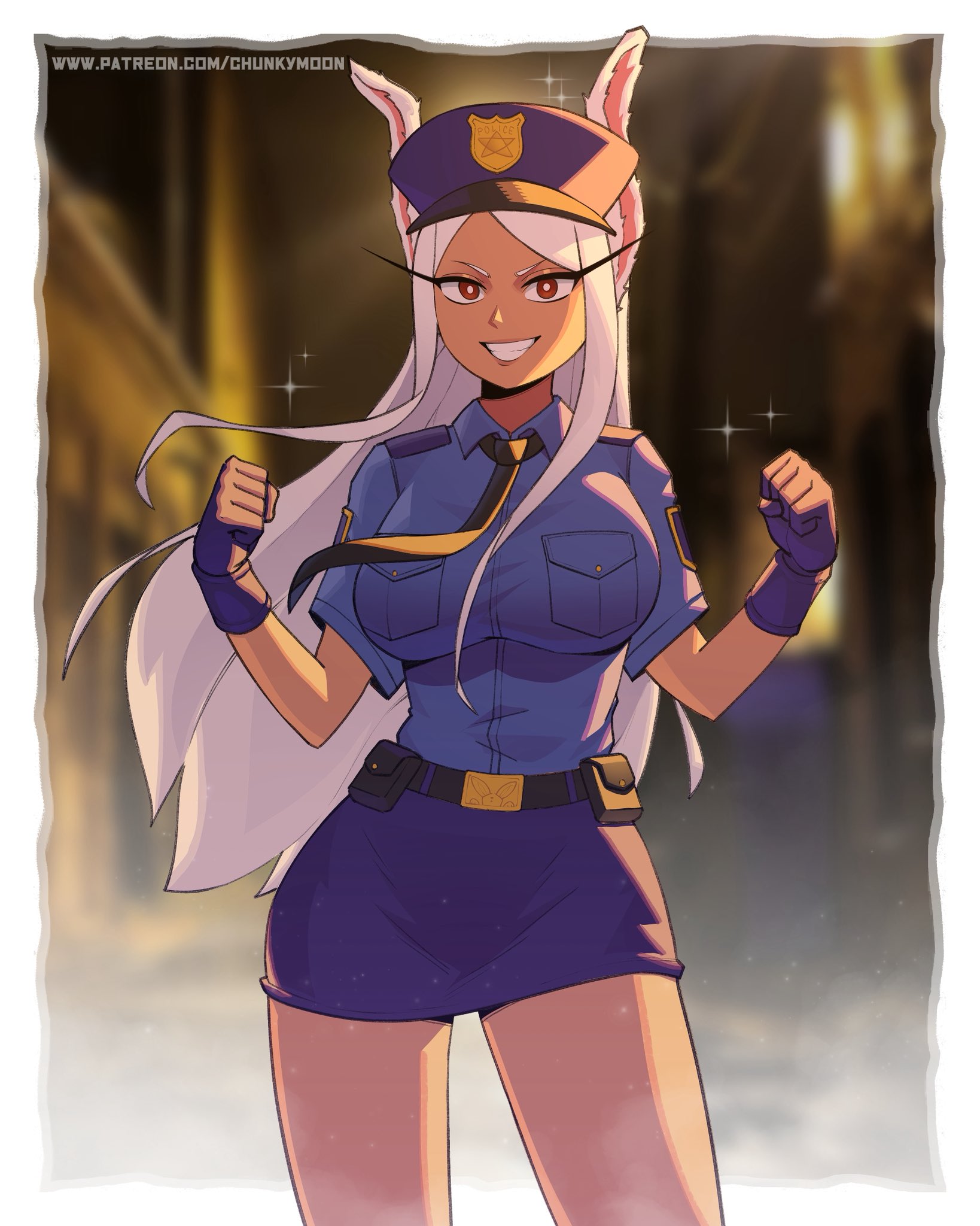 chunkymoonart, mirko, boku no hero academia, commentary, english commentary, highres, 1girl, alternate costume, animal ears, belt, belt pouch, black belt, black gloves, black necktie, blue shirt, blue skirt, blurry, blurry background, border, breasts, clenched hands, collared shirt, dark-skinned female, dark skin, floating hair, gloves, grin, hat, large breasts, long eyelashes, long hair, looking at viewer, necktie, parted bangs, patreon username, pencil skirt, police, police hat, police uniform, policewoman, pouch, rabbit ears, rabbit girl, red eyes, shirt, shirt tucked in, skirt, smile, solo, sparkle, thighs, very long hair, white border, white hair